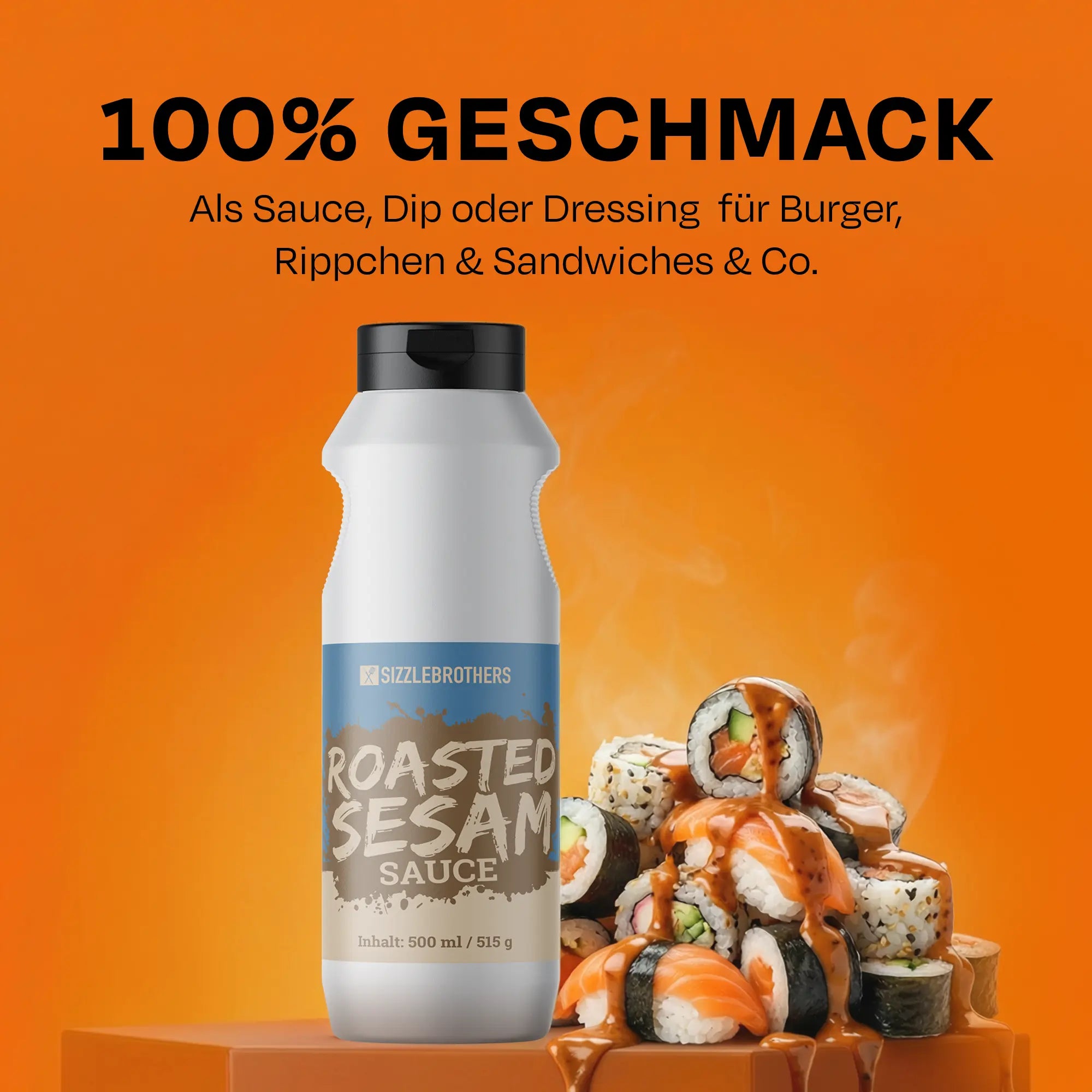 Weiße Flasche auf gelalem Hintergrund mit Sushi und Text: 100% GESCHMACK für Sauce, Dip oder Dressing.