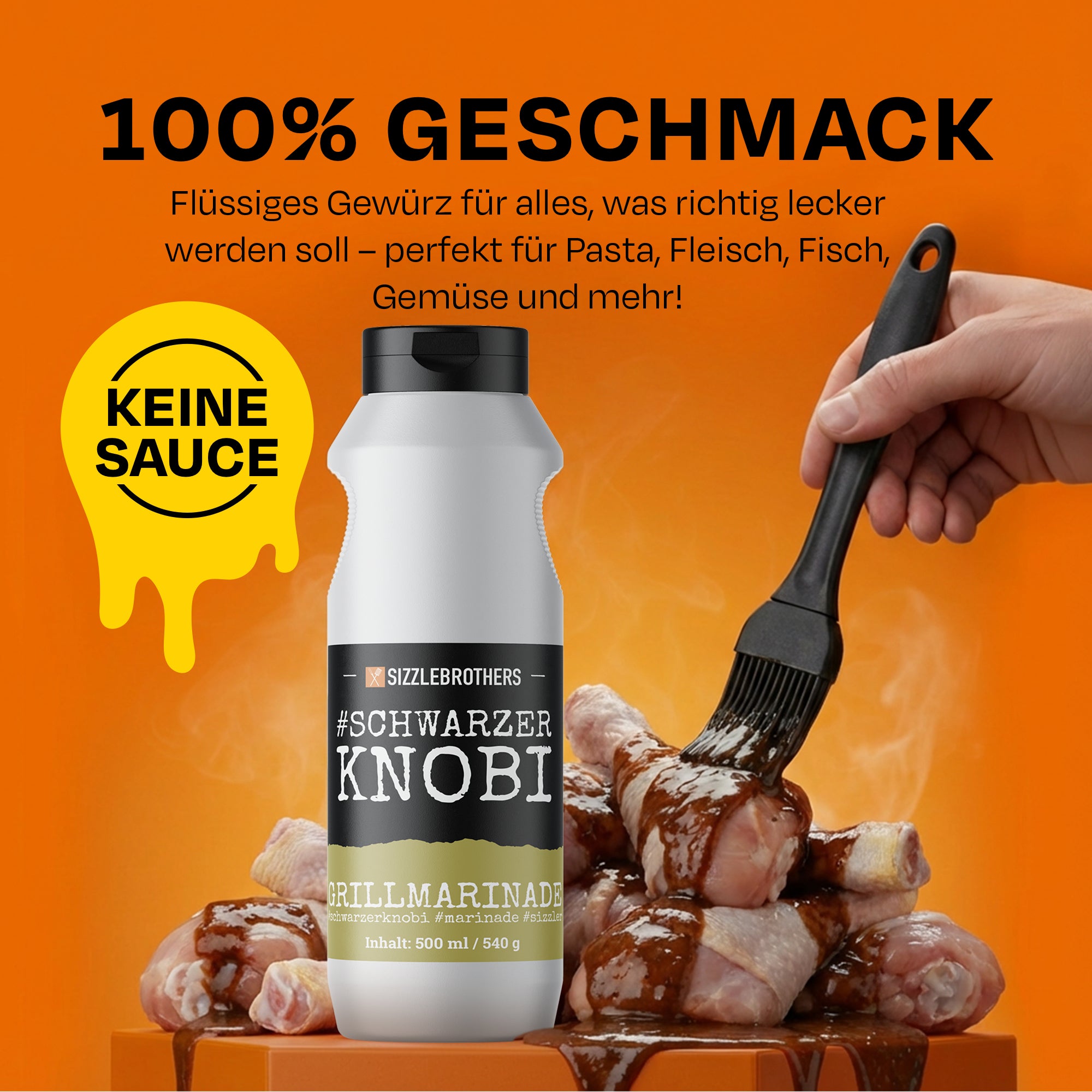 100% Geschmack, schwarze Knobi-Flasche über Fleisch. Keine Sauce.