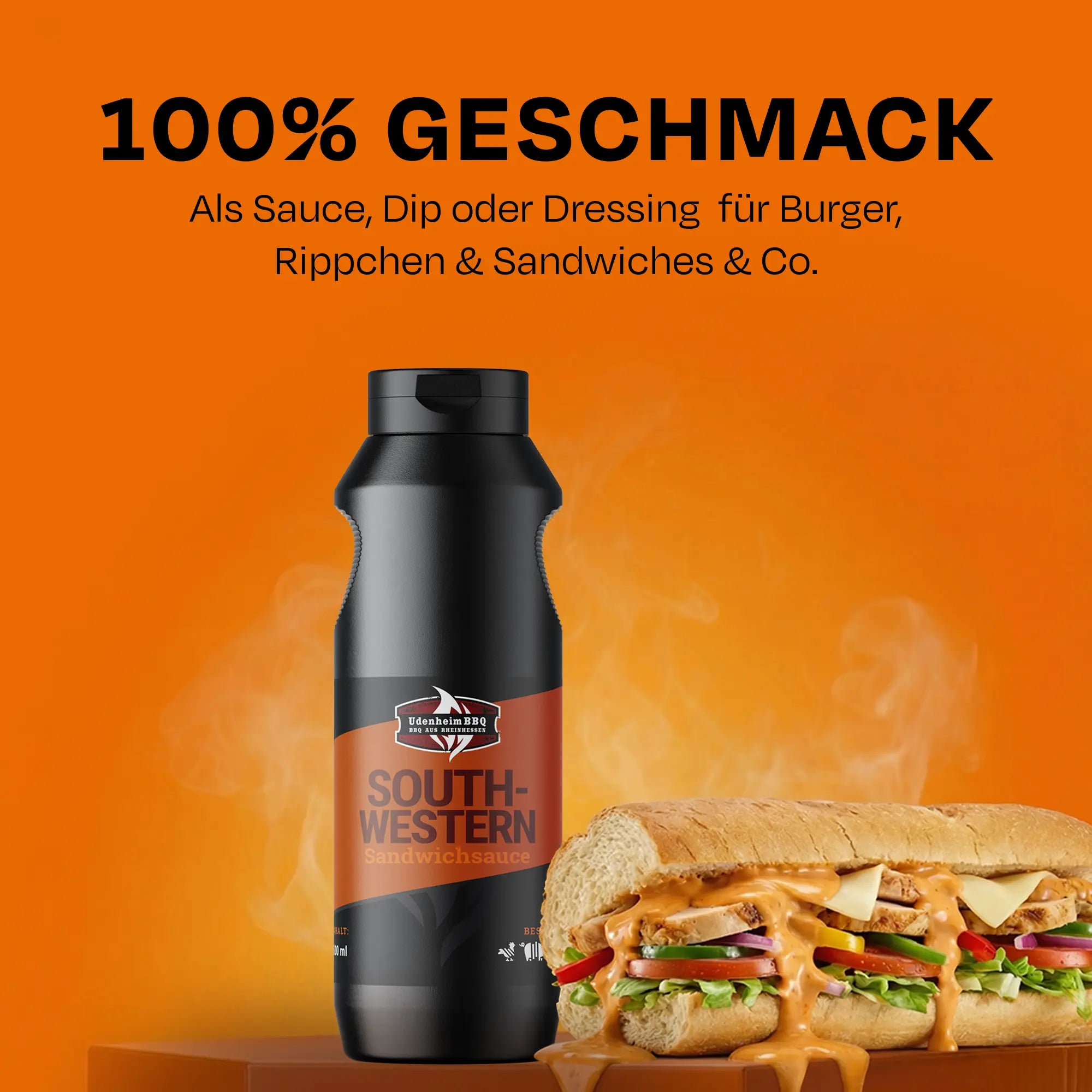 Dunkle Flasche vor Sandwich auf orangem Hintergrund. Text: 100% GESCHMACK.