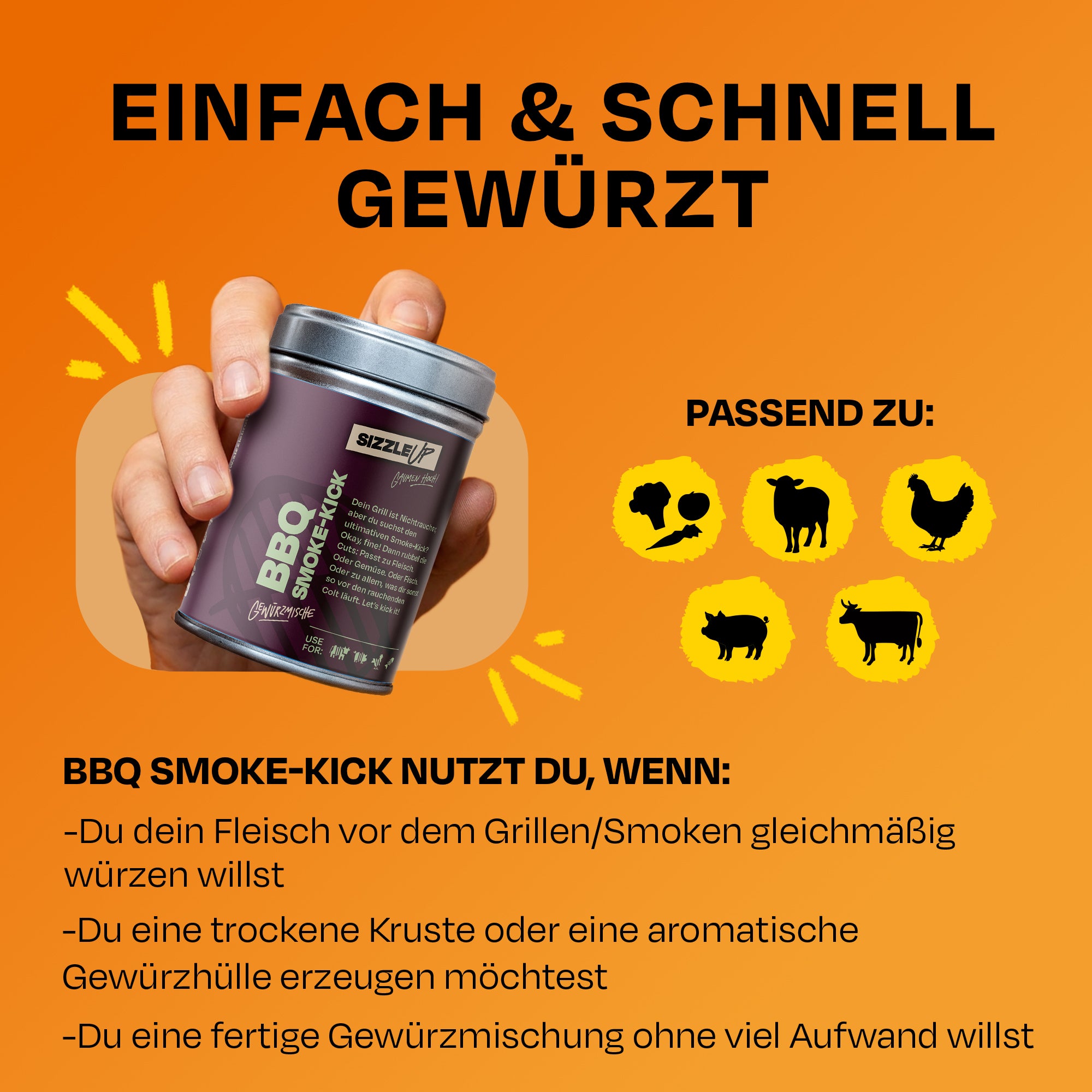 Text "EINFACH & SCHNELL GEWÜRZT" mit Hand, die eine BBQ Smoke-Kick Dose hält.