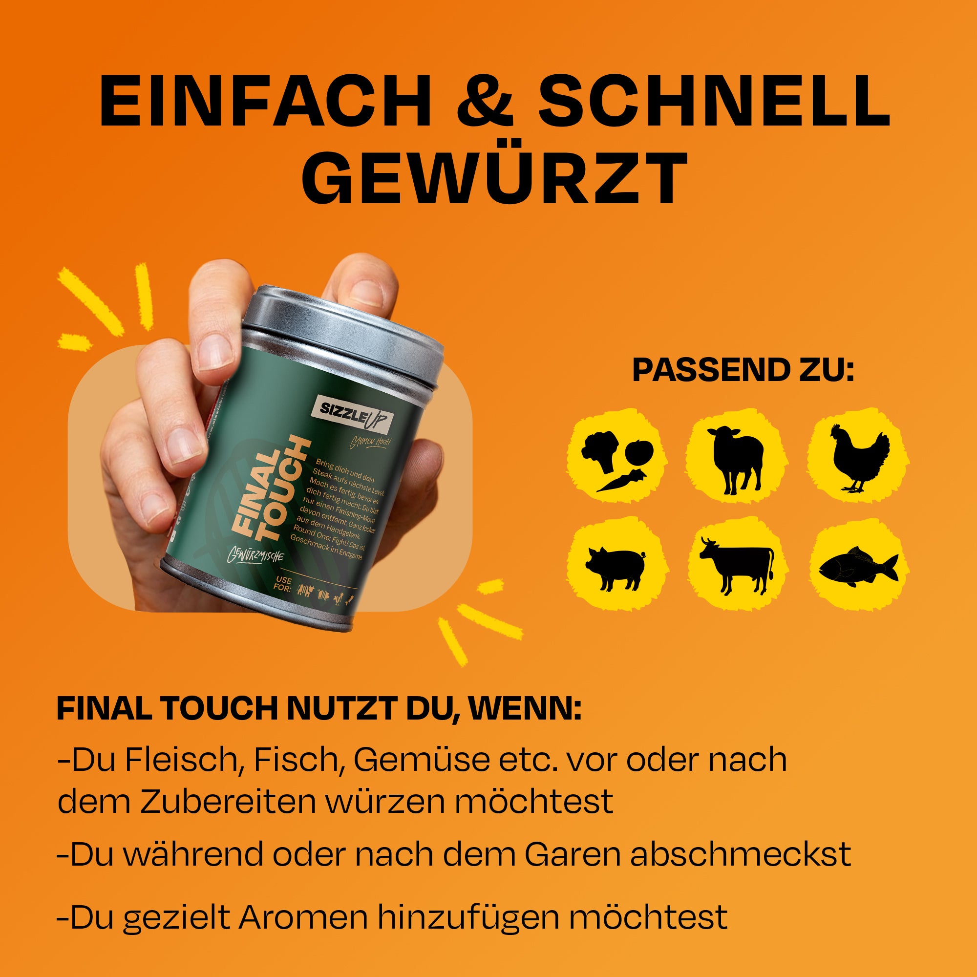 Dose Final Touch vor dampfendem Fleisch mit Text über Qualität und Geschmack.