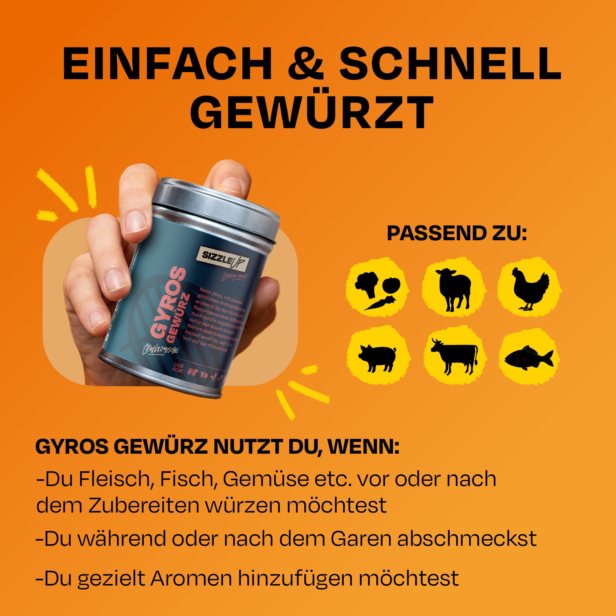 Person hält Dose Gyros Gewürz, Text erklärt Verwendungsmöglichkeiten für Fleisch und Gemüse.