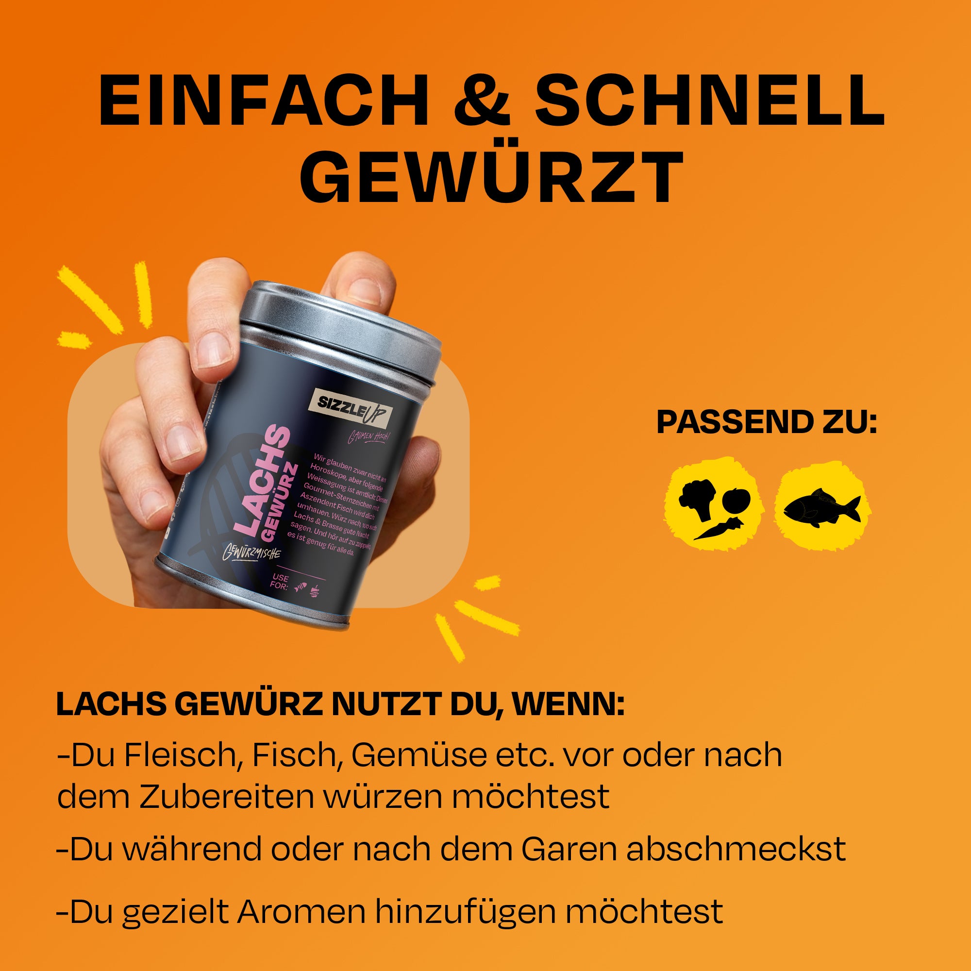 Hand hält Lachsdose. Text erklärt, wann Lachsgwürz genutzt werden sollte.