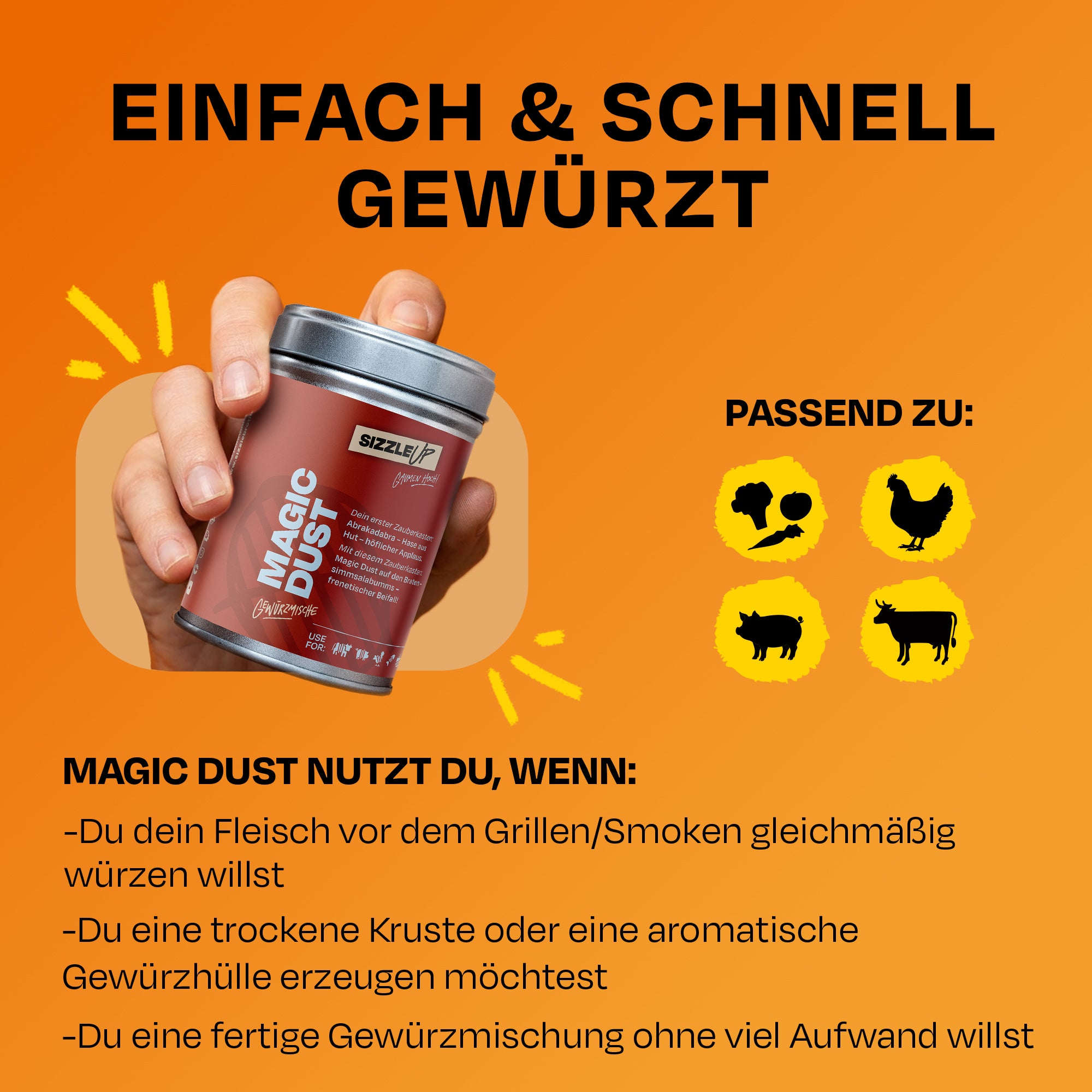 Dose Magic Dust in Hand, daneben Text über Anwendungen und passende Fleischsorten.