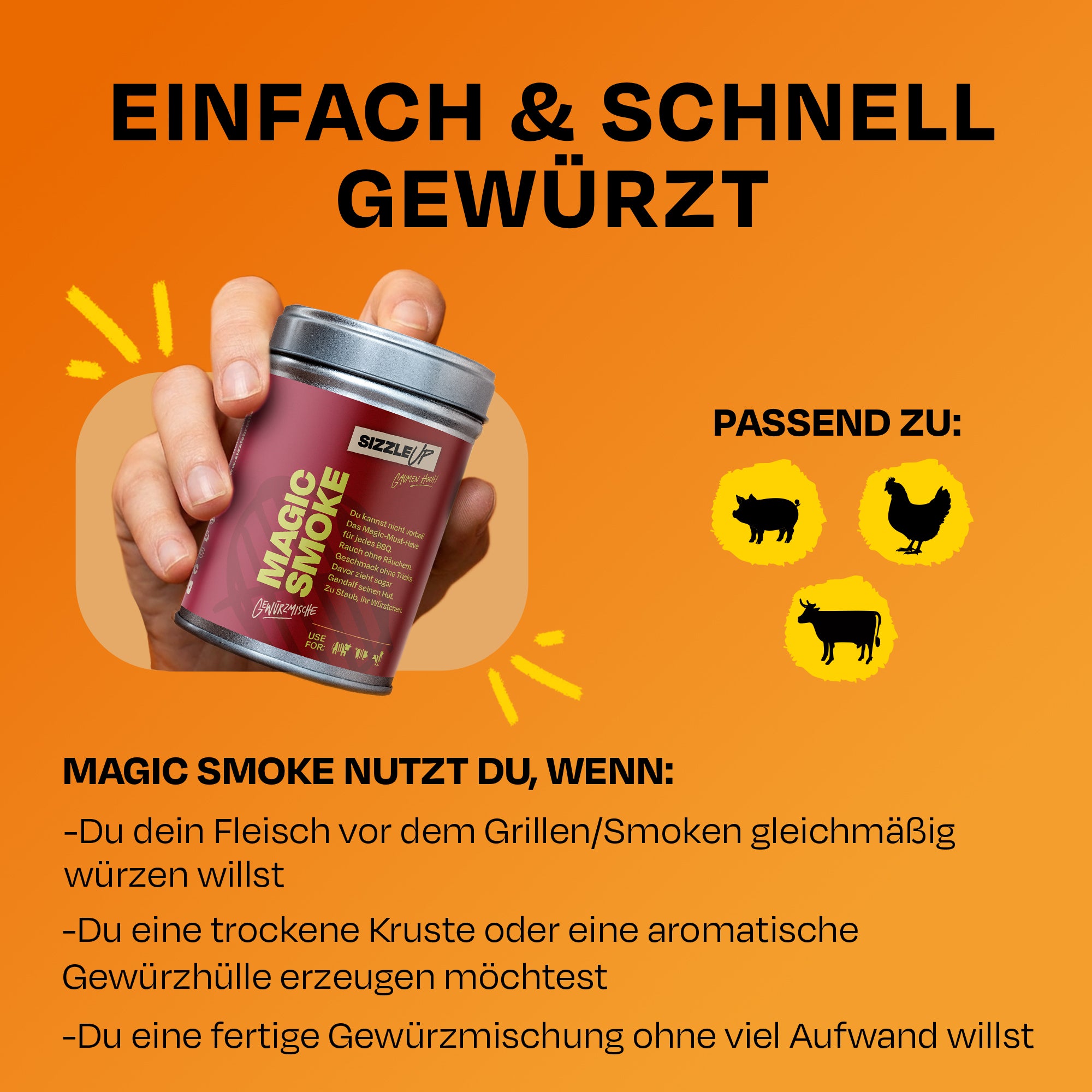 Hand hält Dose Magic Smoke, Text erklärt Nutzung und passende Tierbilder.