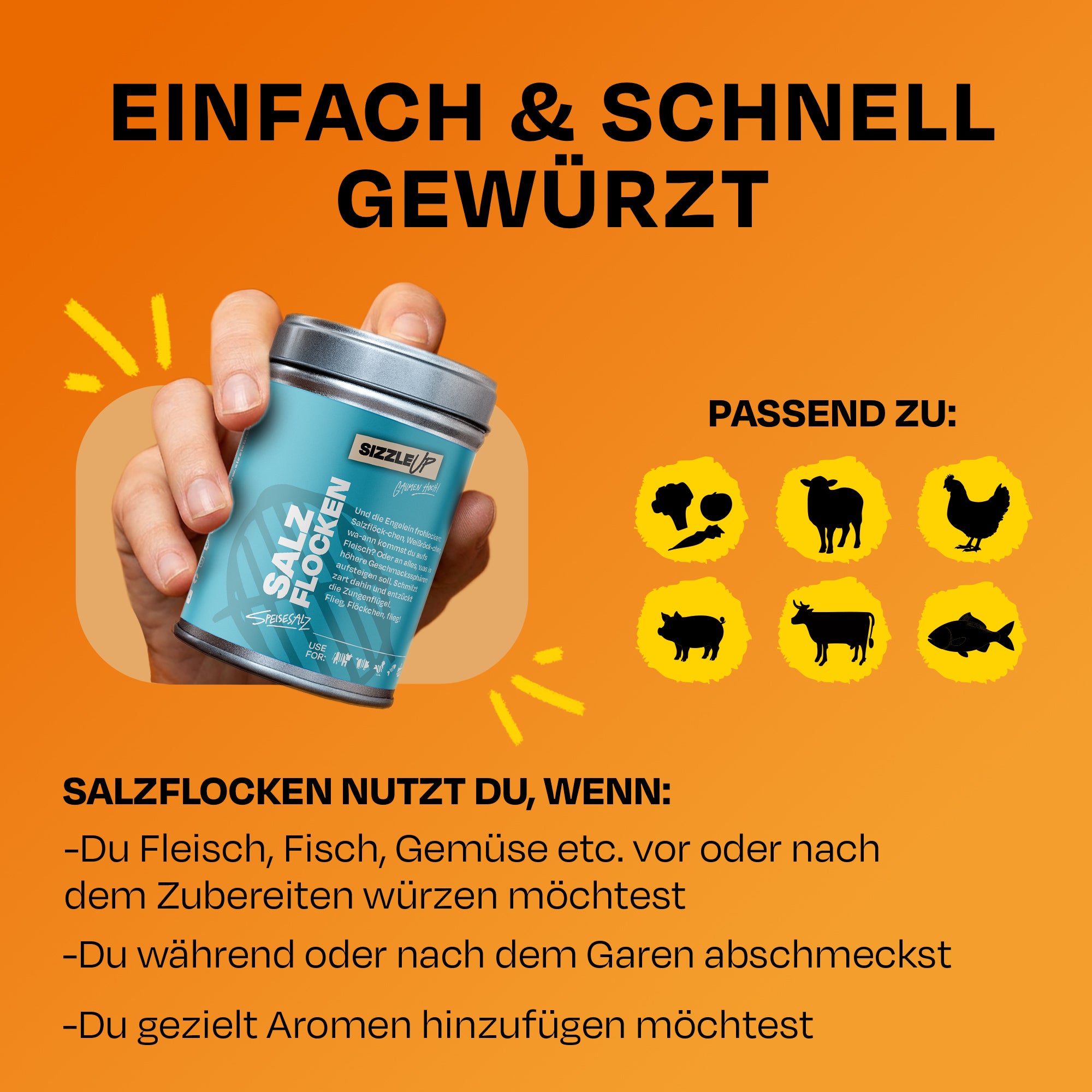 Hand hält Dose Salzflocken, Text erklärt Nutzung und passende Tierbilder.