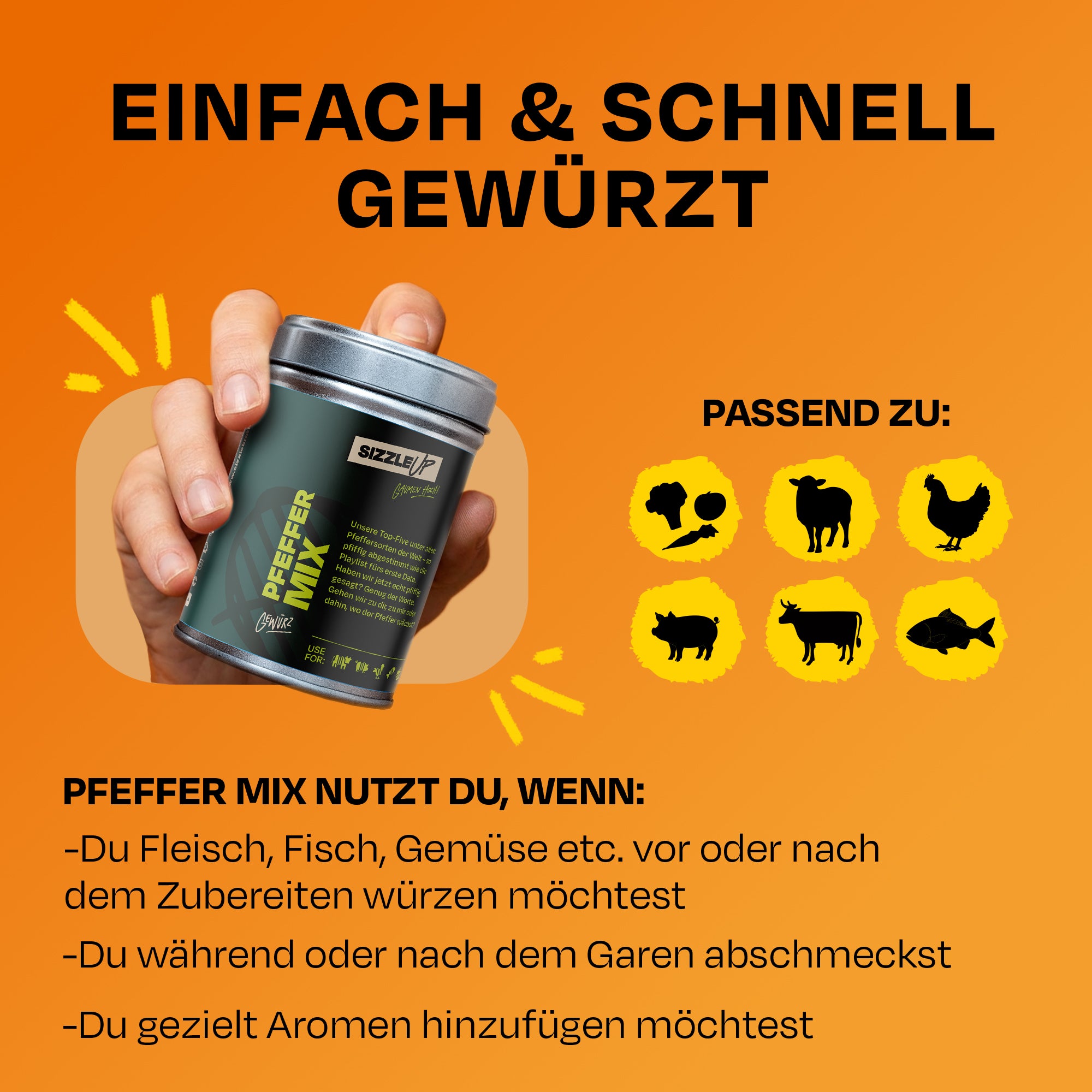 Hand hält ein Gewürzdose vor orangefarbenem Hintergrund mit Text zu Anwendungszwecken.