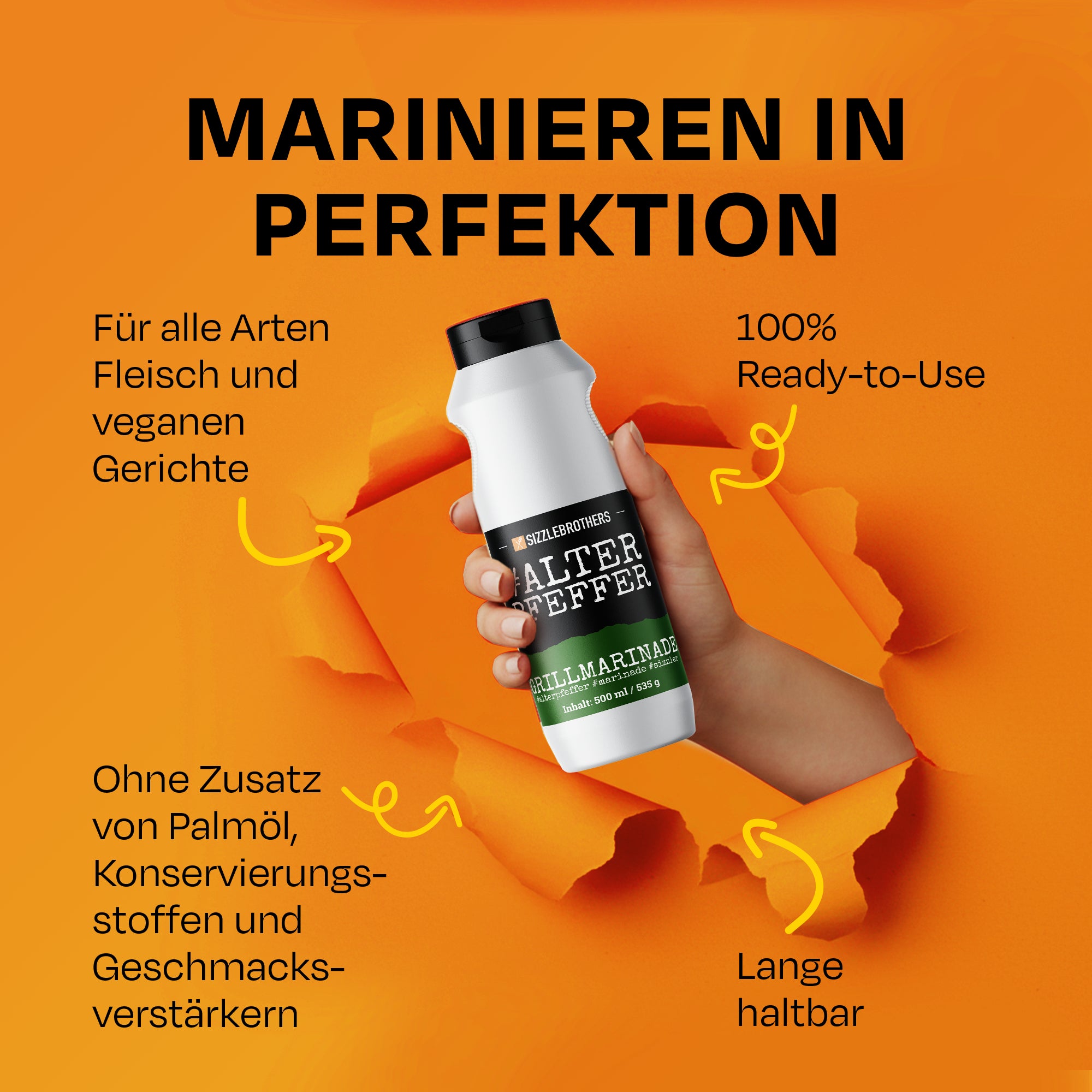 Marinadeflasche auf orangefarbenem Hintergrund, umgeben von Vorteilen.