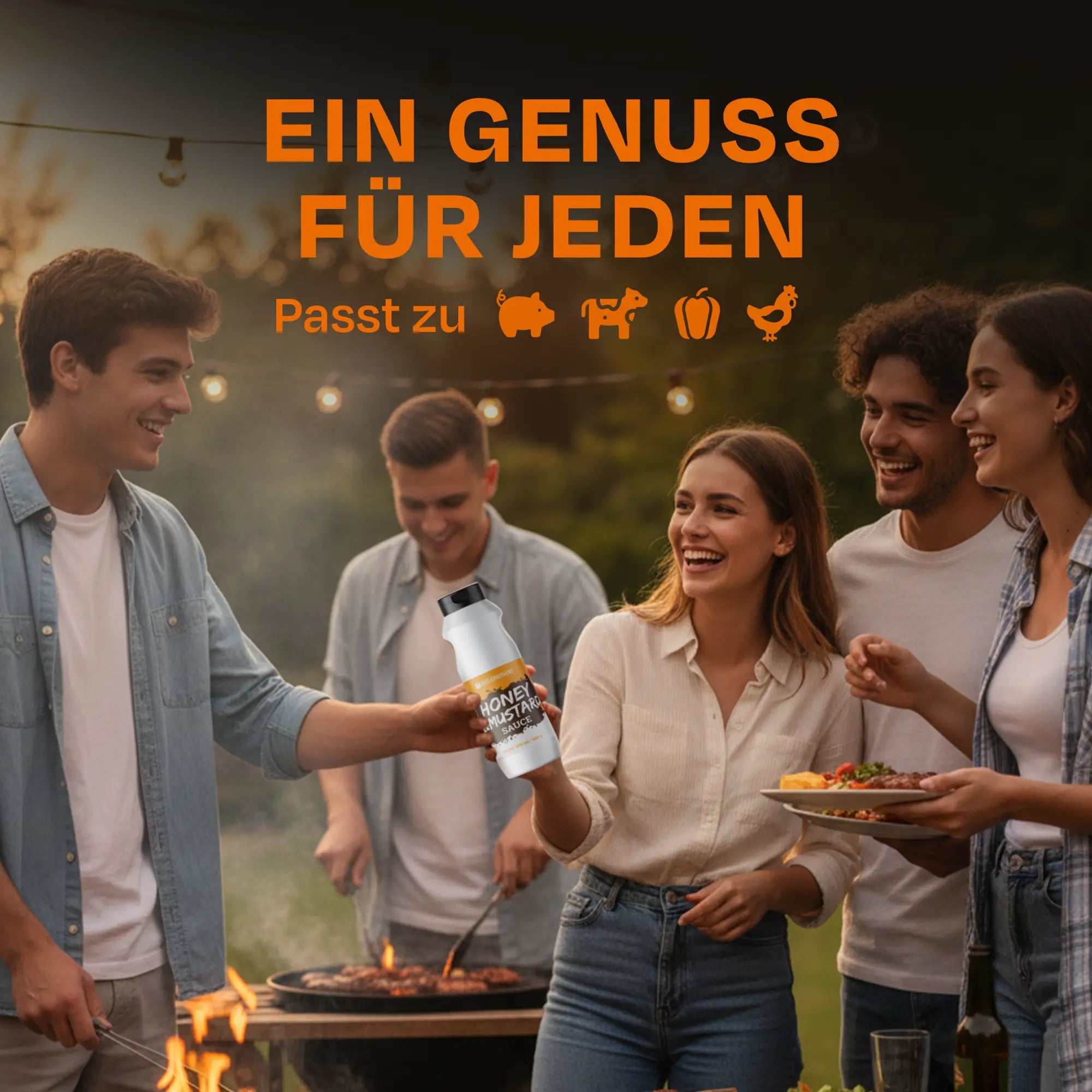 Gruppe von Menschen beim Grillen. Text: Ein Genuss für jeden, passt zu verschiedenen Speisen.