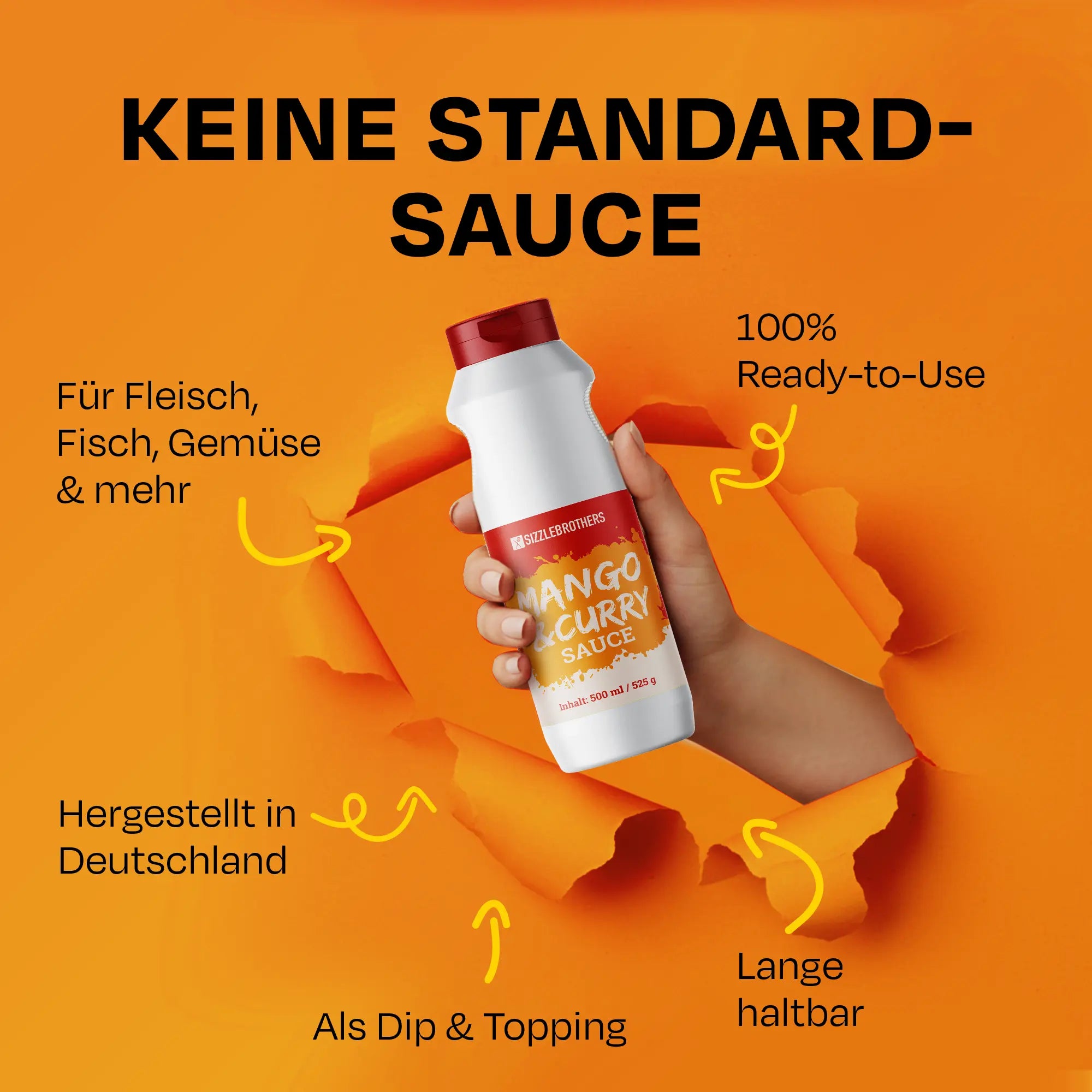 Hand hält Mango & Curry Sauce, Text: 'Keine Standardsauce'. Pfeile zu Texten auf Orange.
