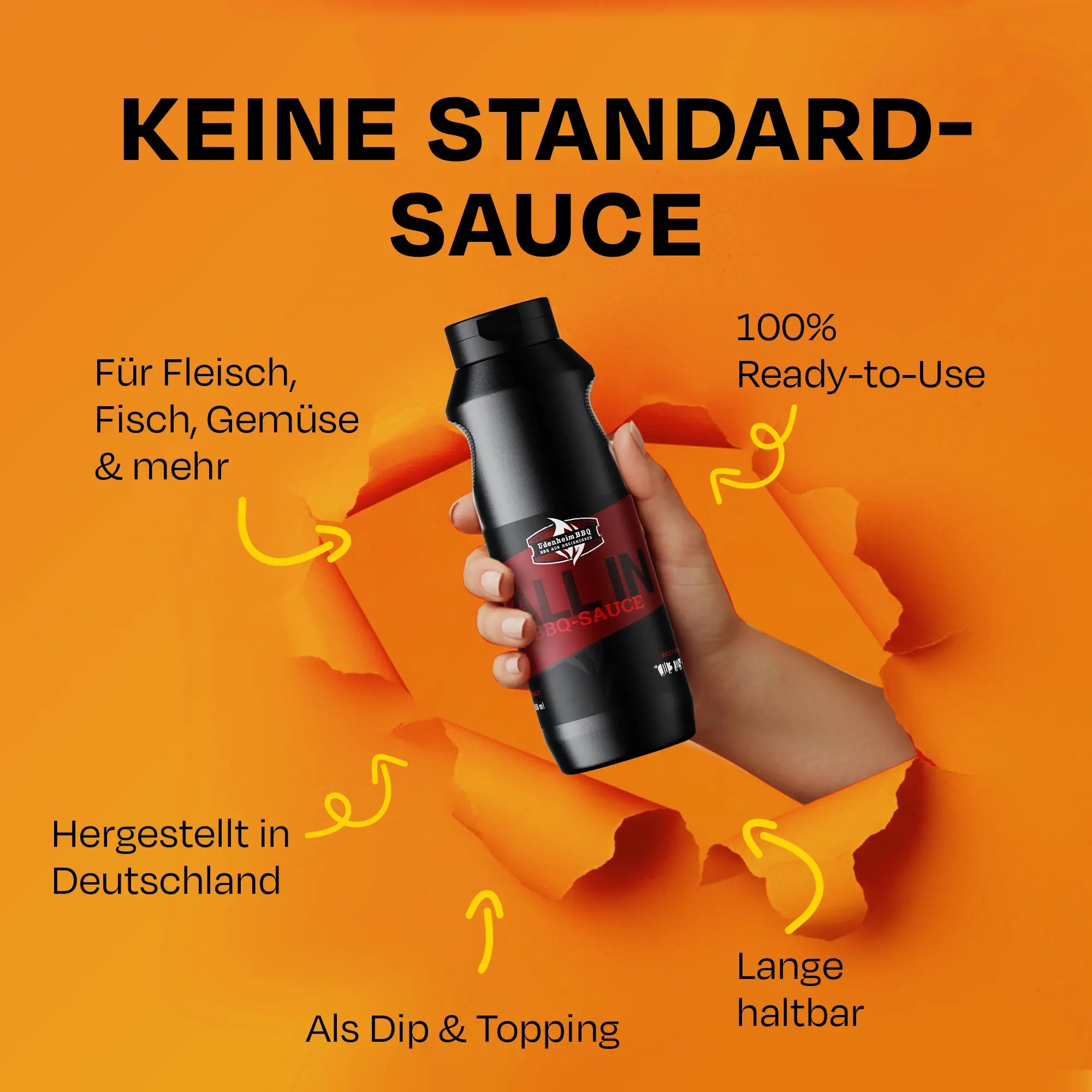 Hand hält schwarze Sauceflasche mit Text und Icons auf orangenem Hintergrund.