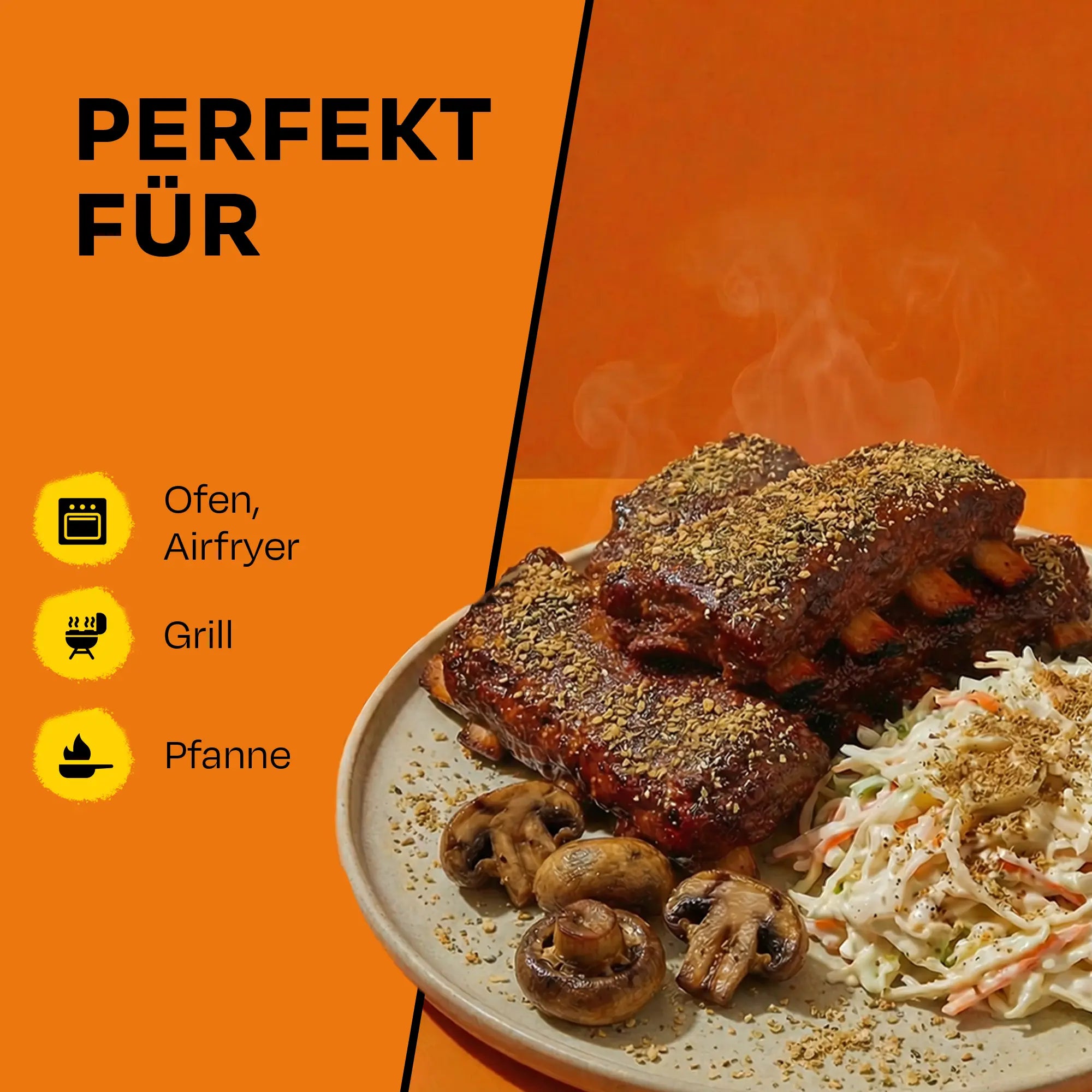 Rippchen auf Teller mit Beilagen, Text "Perfekt für Ofen, Airfryer, Grill, Pfanne".