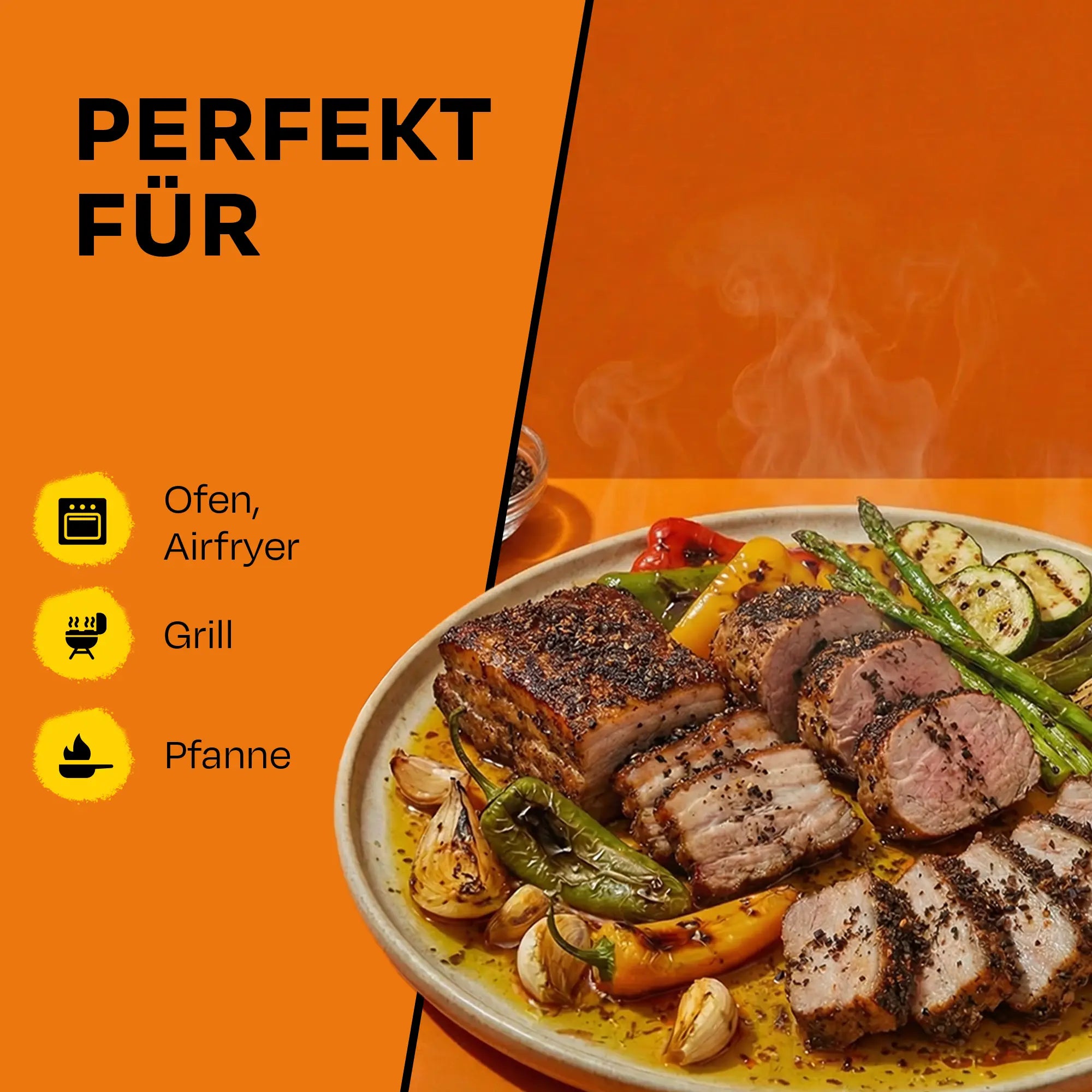 Dampfendes Grillgemüse auf einem Teller mit Text, das für Ofen, Airfryer, Grill, Pfanne geeignet ist.