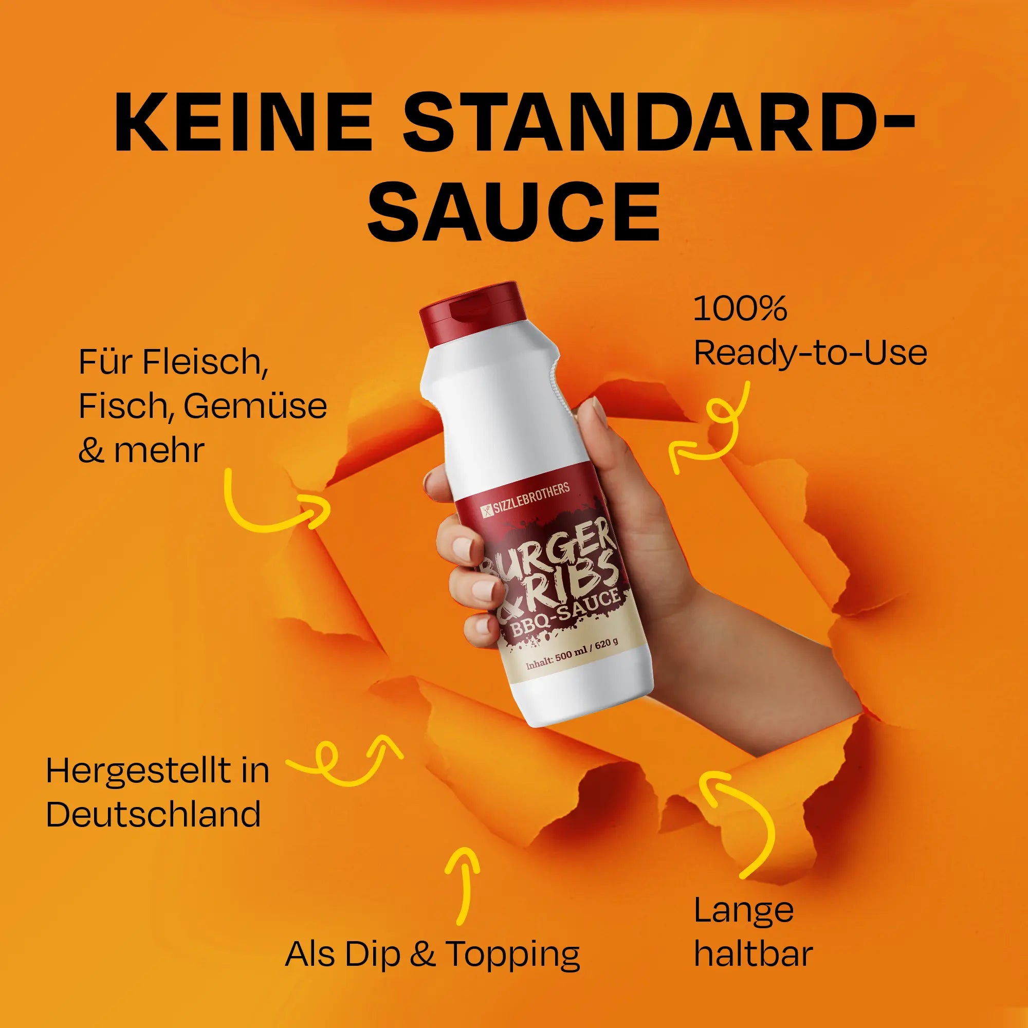 Hand hält Burgersauce-Flasche vor orangefarbenem Hintergrund. Text beschreibt Verwendungszwecke.