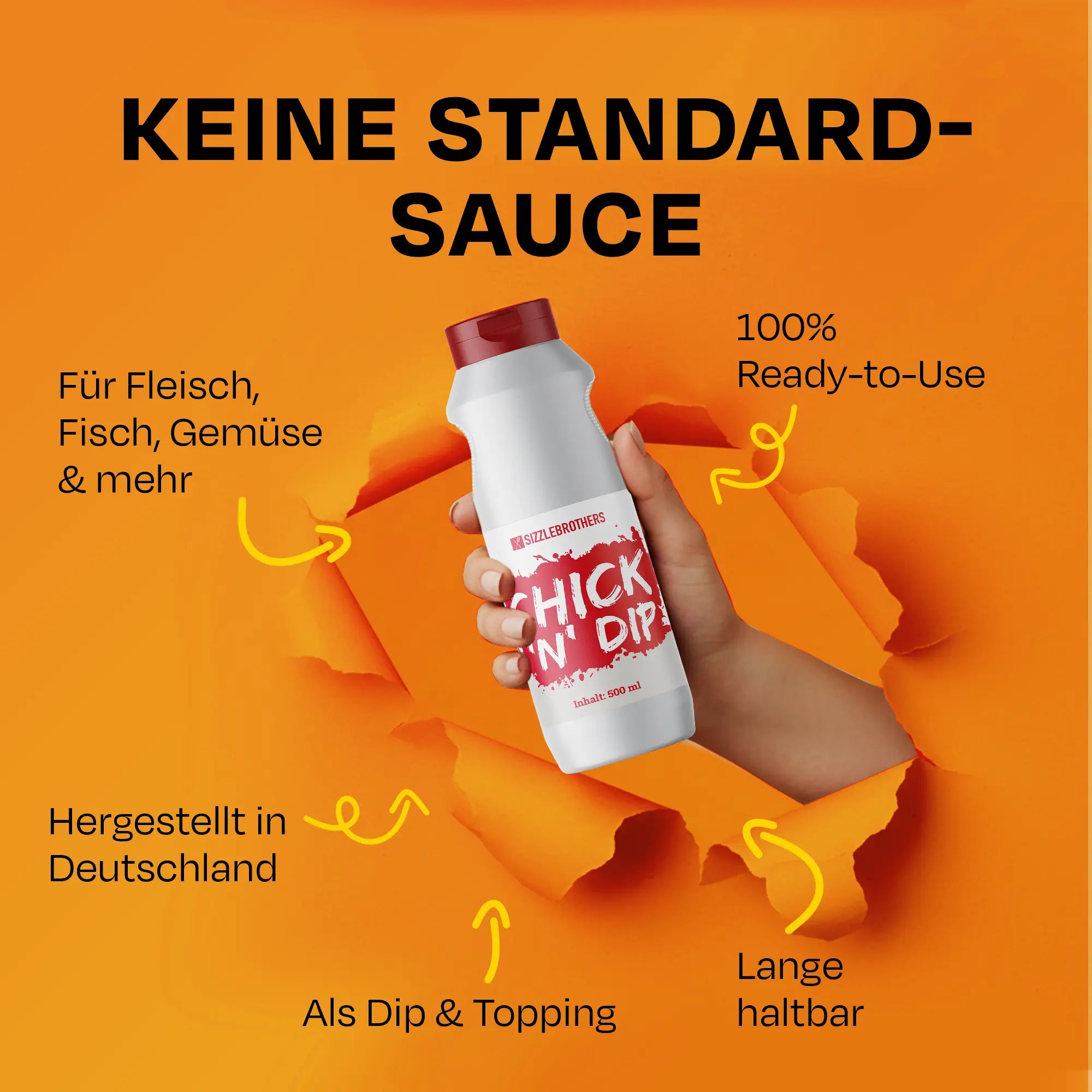 Hand hält Chick 'N' Dip-Flasche vor orangefarbenem Hintergrund. Text beschreibt Verwendungszwecke.