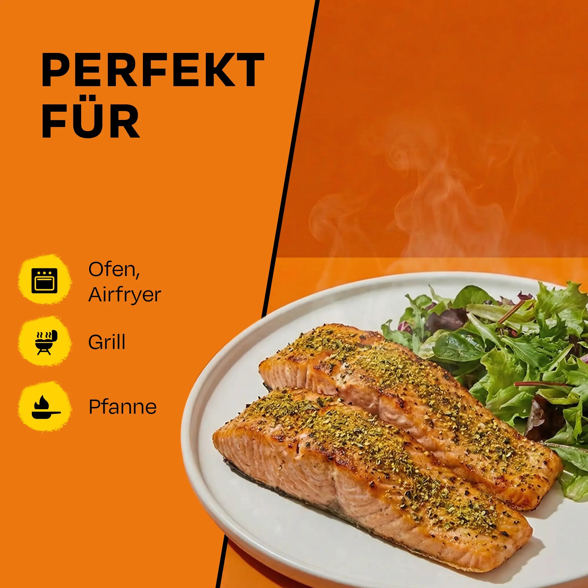 Gebratener Lachs mit Kräutern, Salatbeilage. Text: Perfekt für Ofen, Grill, Pfanne.