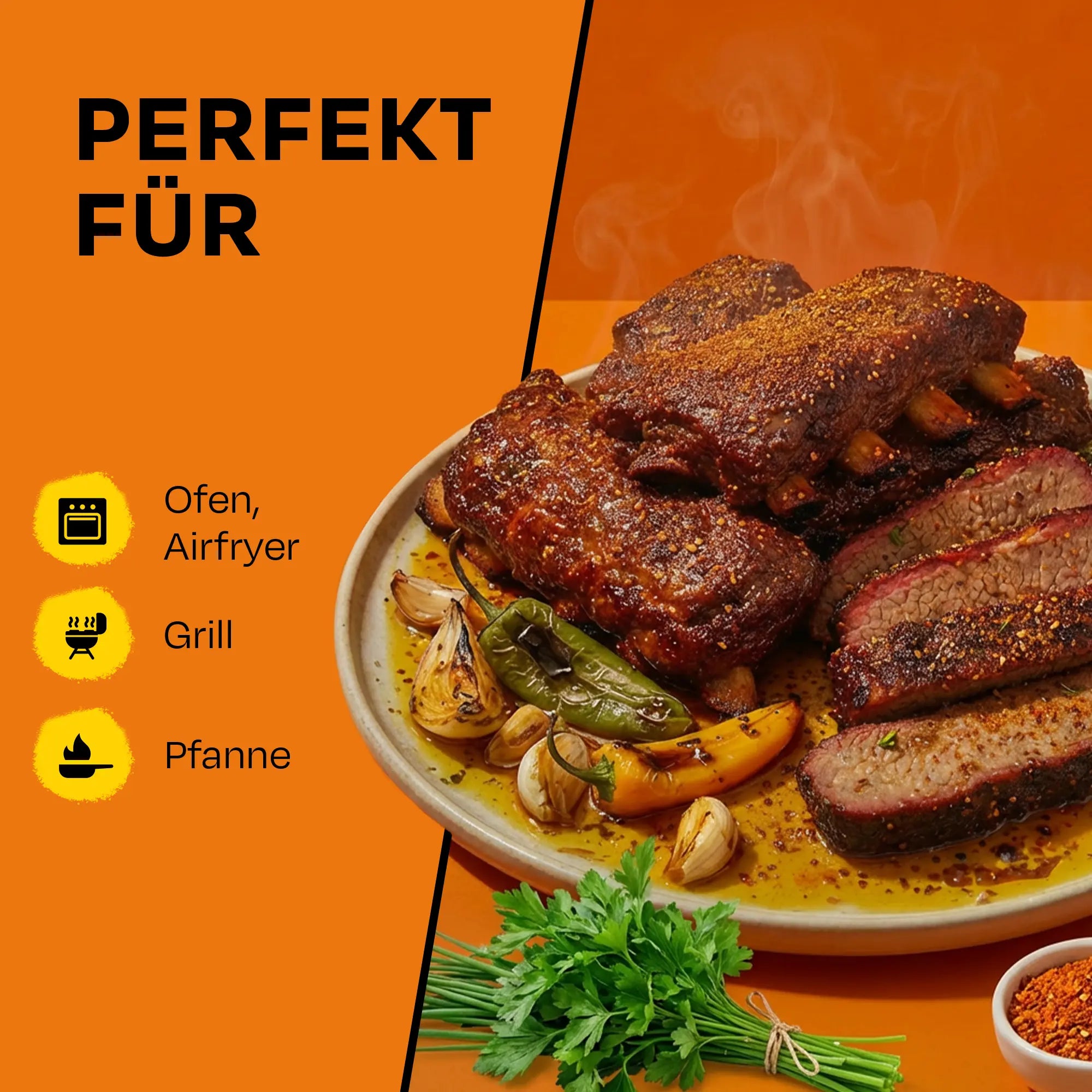 Gegrilltes Fleisch und Gemüse auf Teller mit Text: Perfekt für Ofen, Grill, Pfanne.