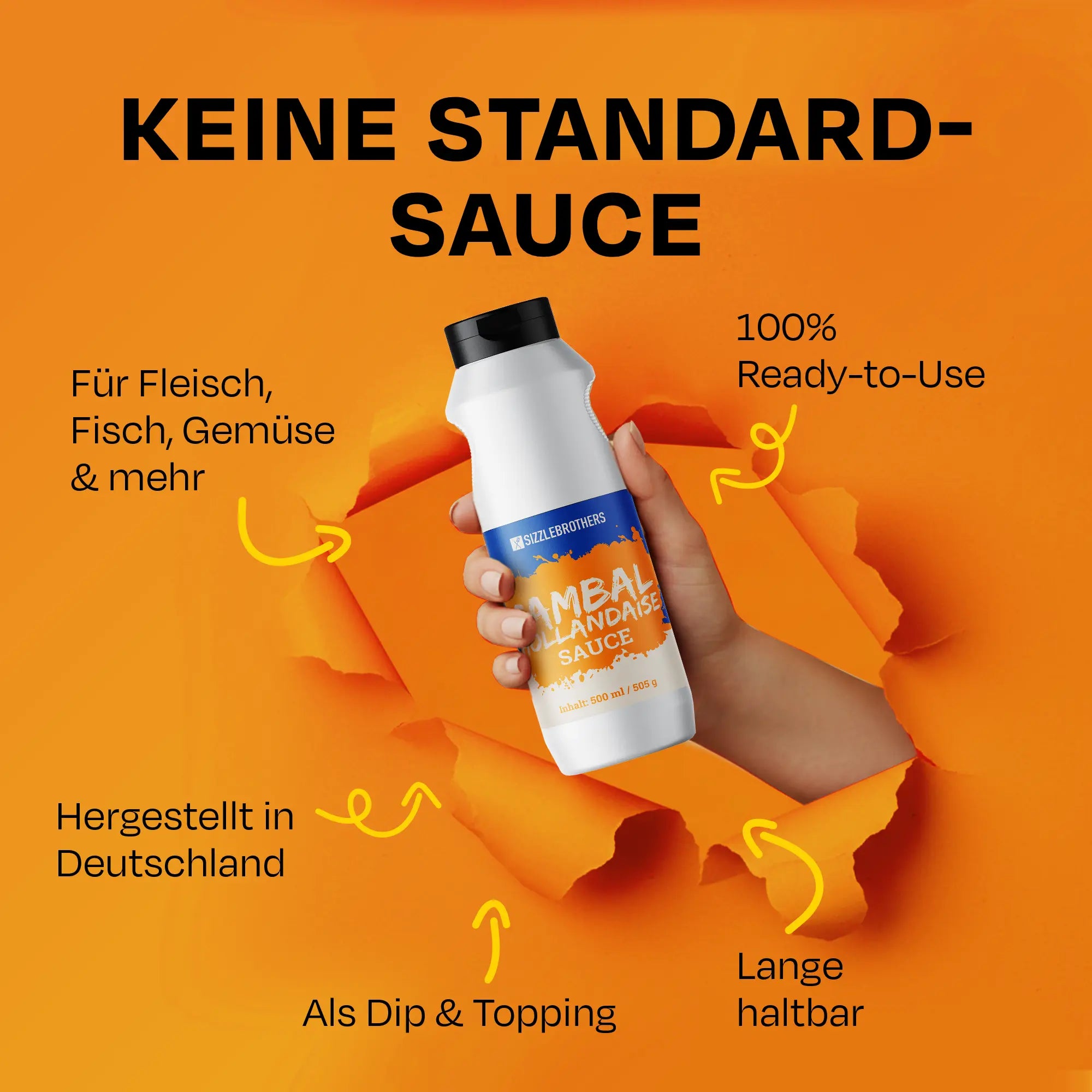 Weißes Flaschenmotiv mit Texten über Vielseitigkeit und Eigenschaften der Sauce auf orangefarbenem Hintergrund.