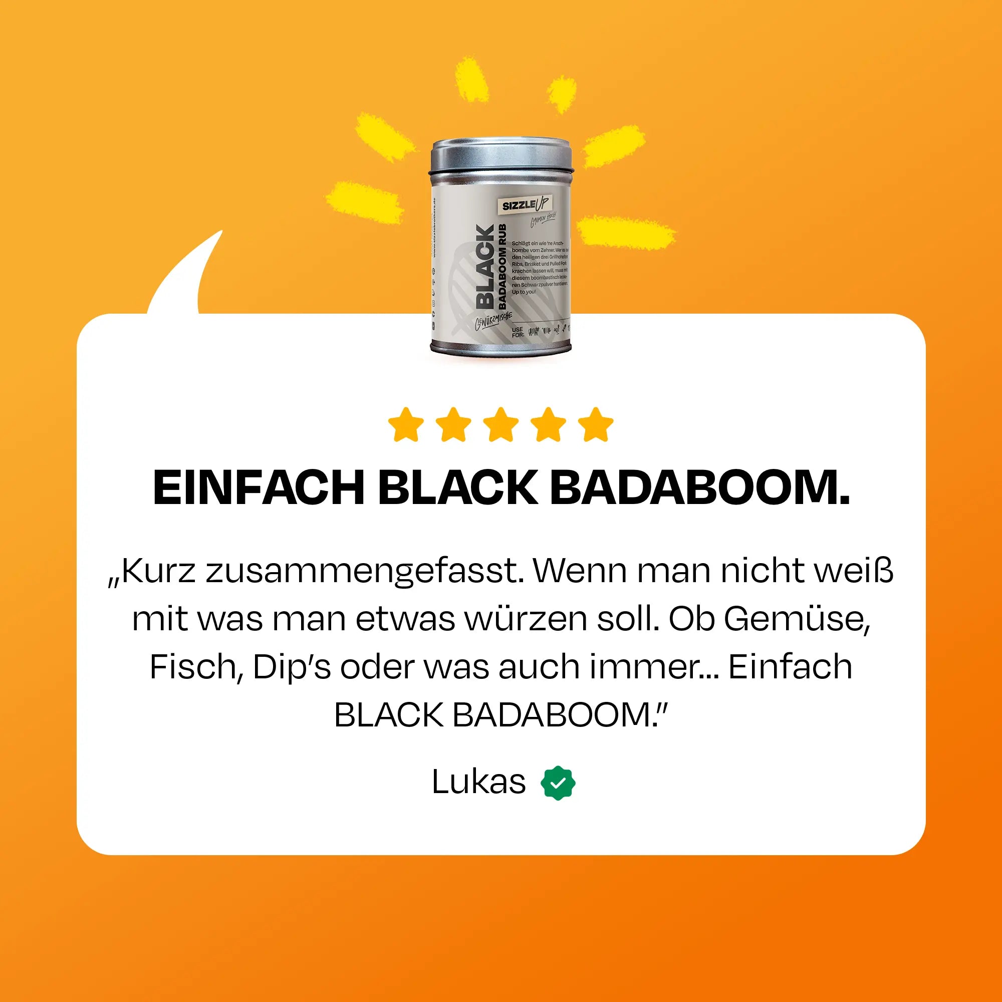 Text lobt Black Badaboom als vielseitiges Gewürz, ideal für Gemüse, Fisch, Dips.