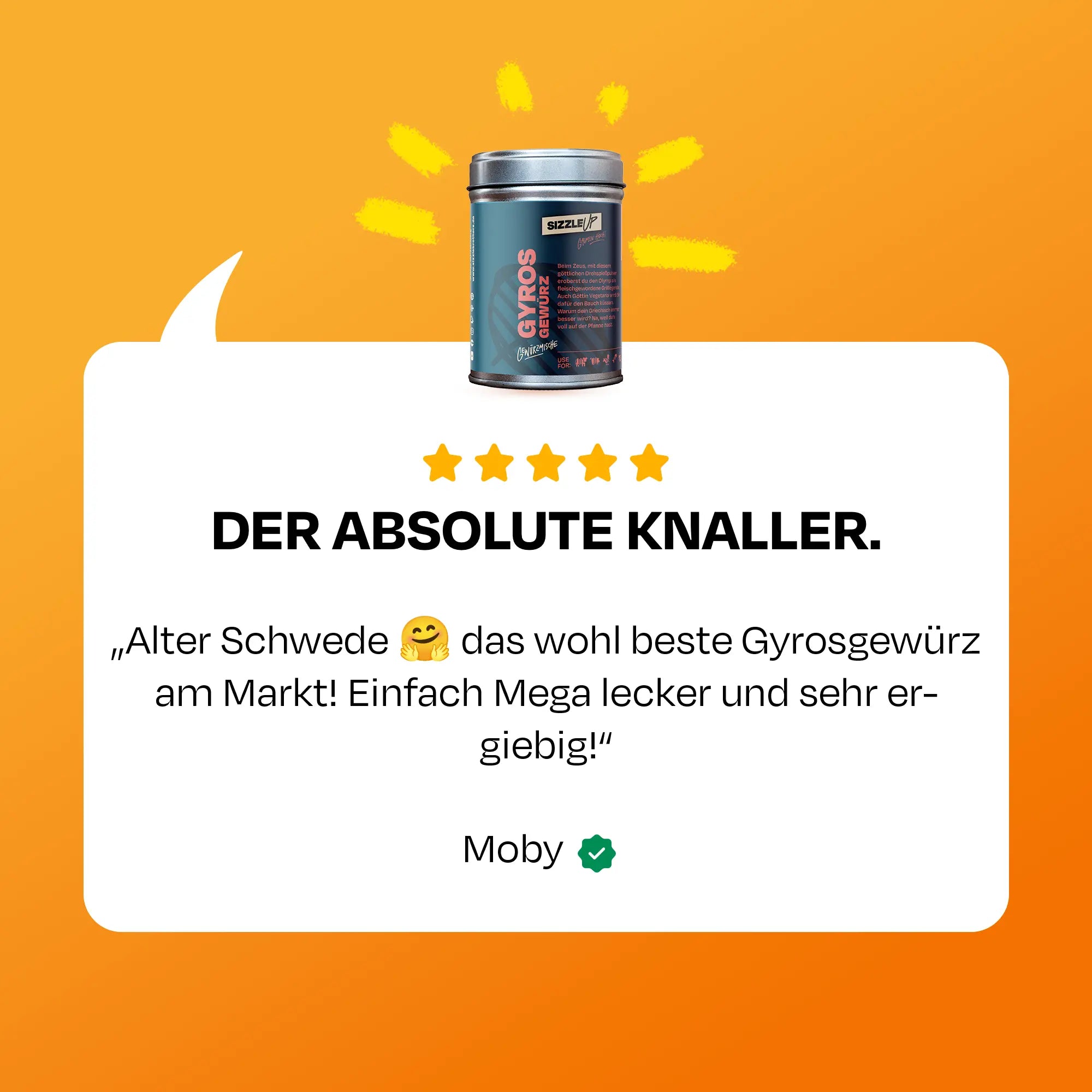 Kundenbewertung mit Text und Dose Gyrosgewürz, orange Hintergrund.