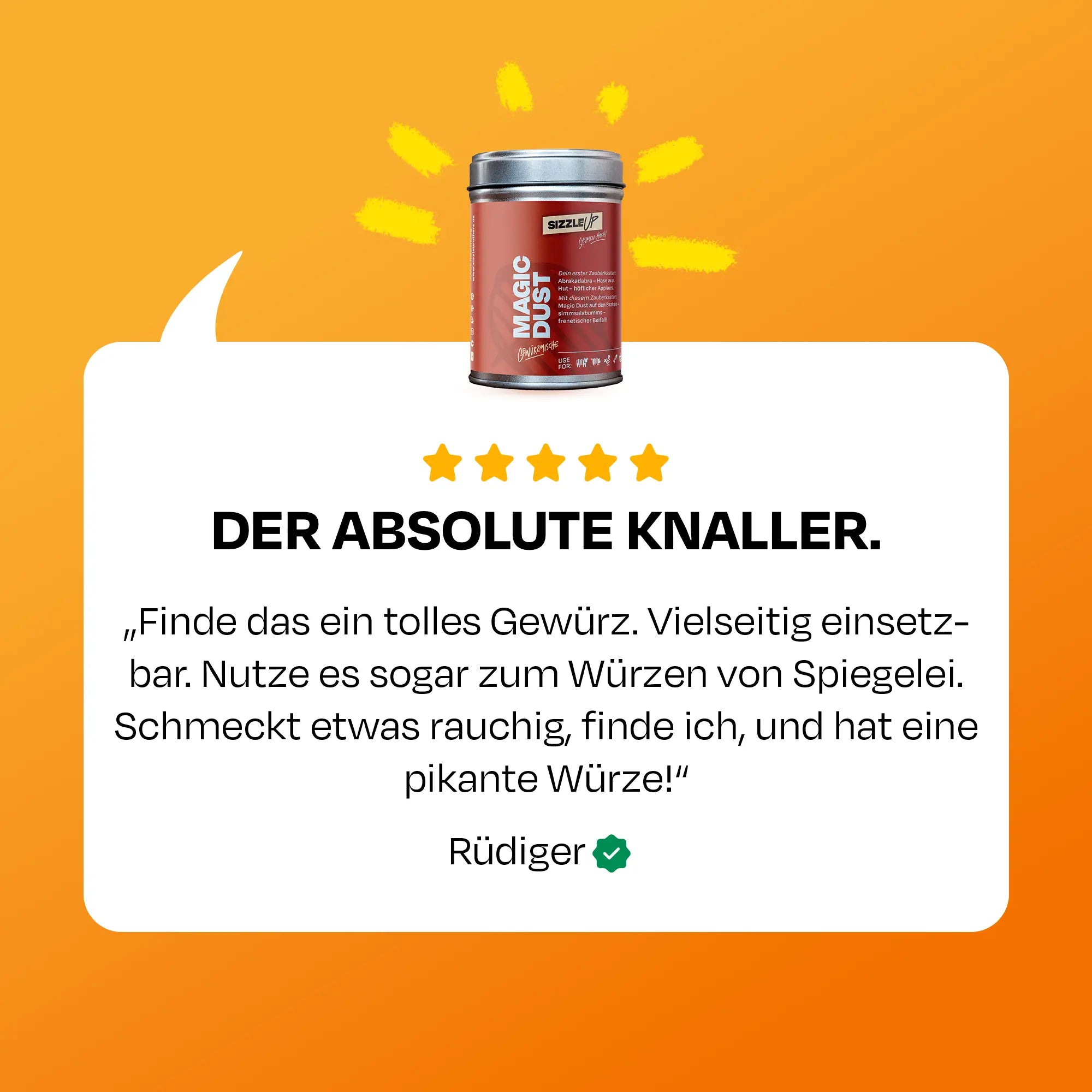 Dose Magic Dust mit fünf Sterne Bewertung und positiver Kundenmeinung über Gewürz.