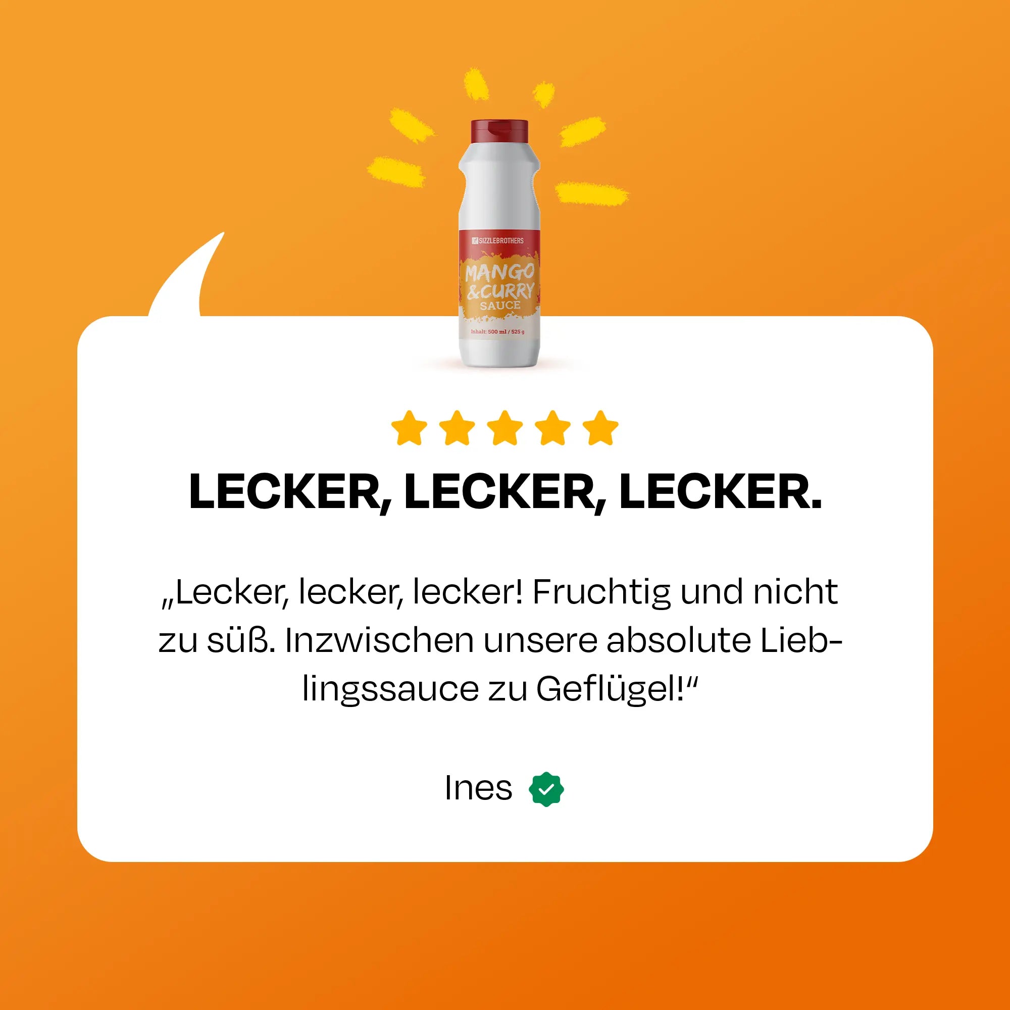 Text auf orangem Hintergrund: 'Lecker, lecker, lecker!' Nutzerbewertung mit 5 Sternen.