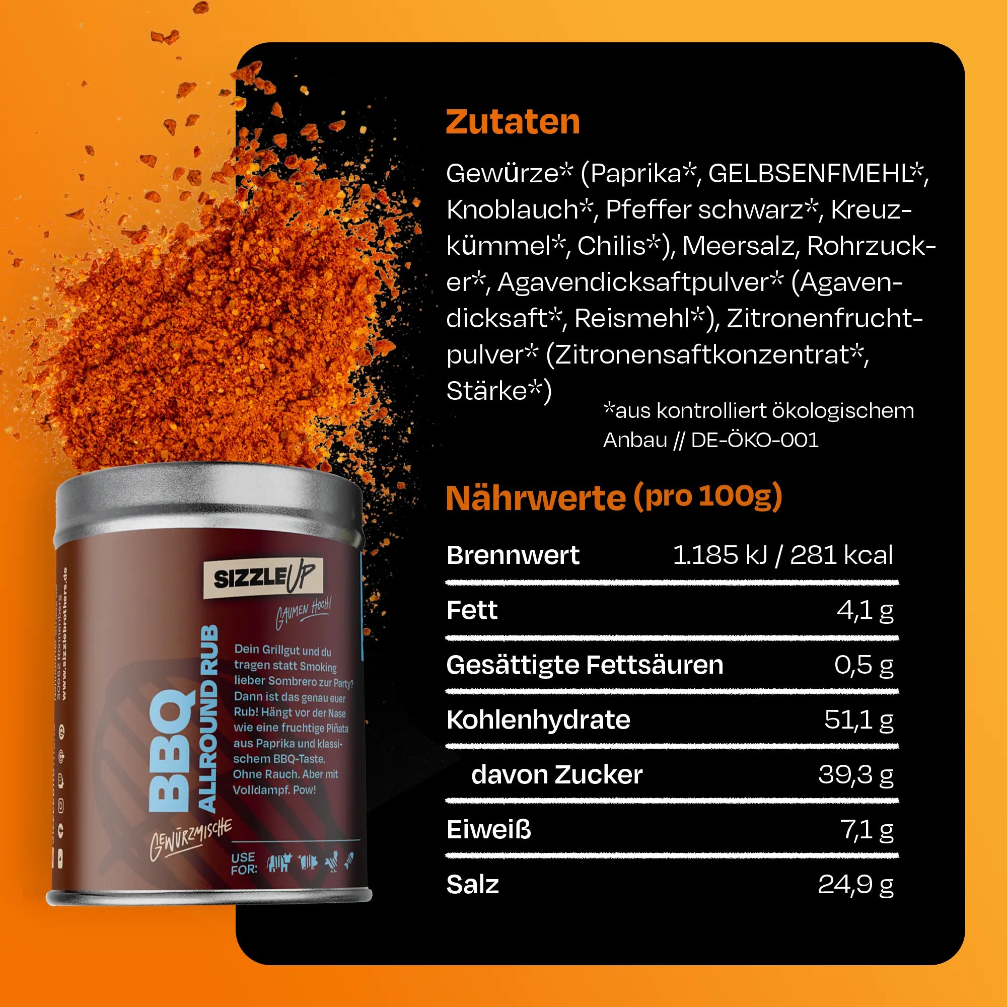 Auflistung der Zutaten und Nährwerte eines BBQ Allround Rubs vor orangenem Hintergrund.