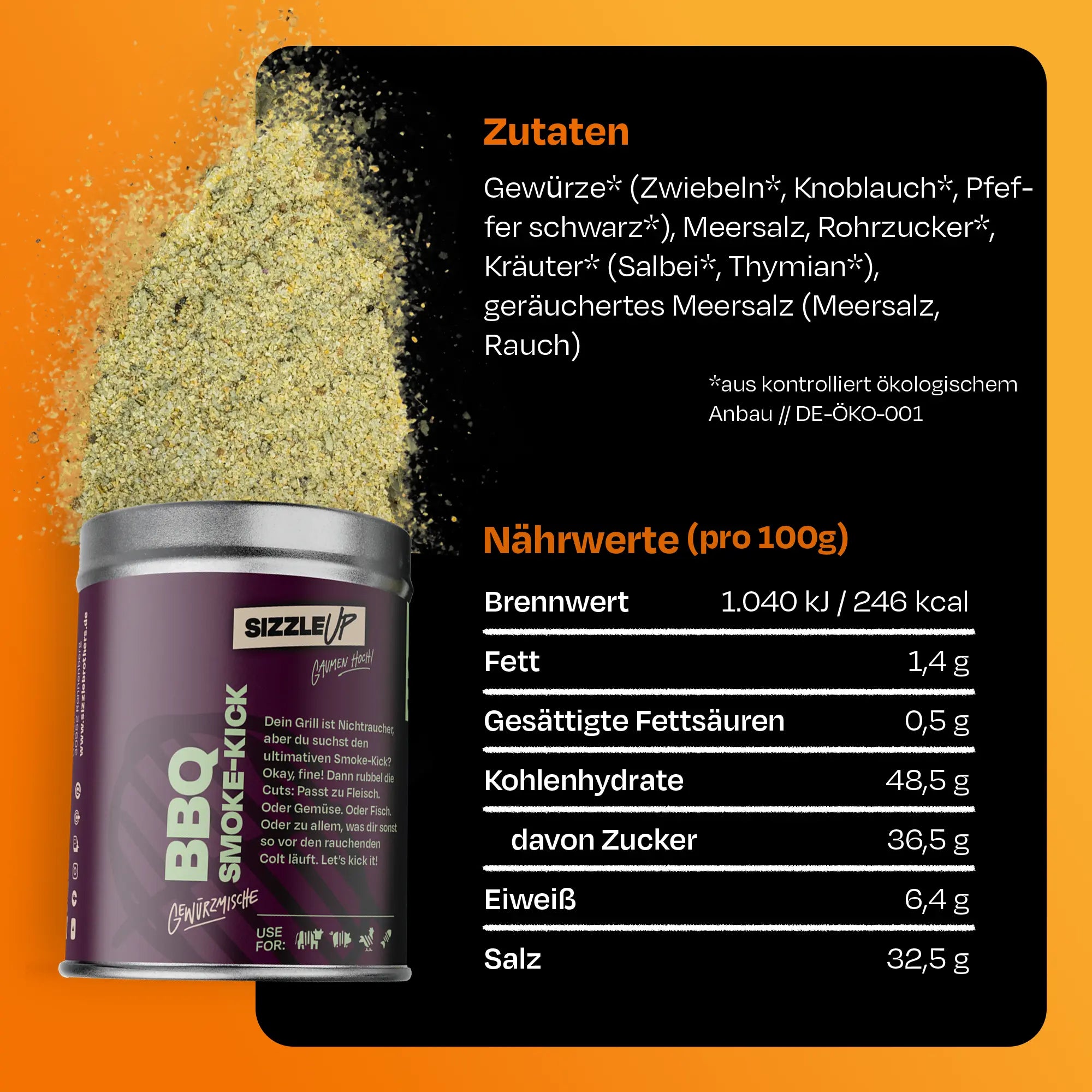Zutaten und Nährwerte von BBQ Smoke-Kick, Gewürz neben der Dose ausgestreut.