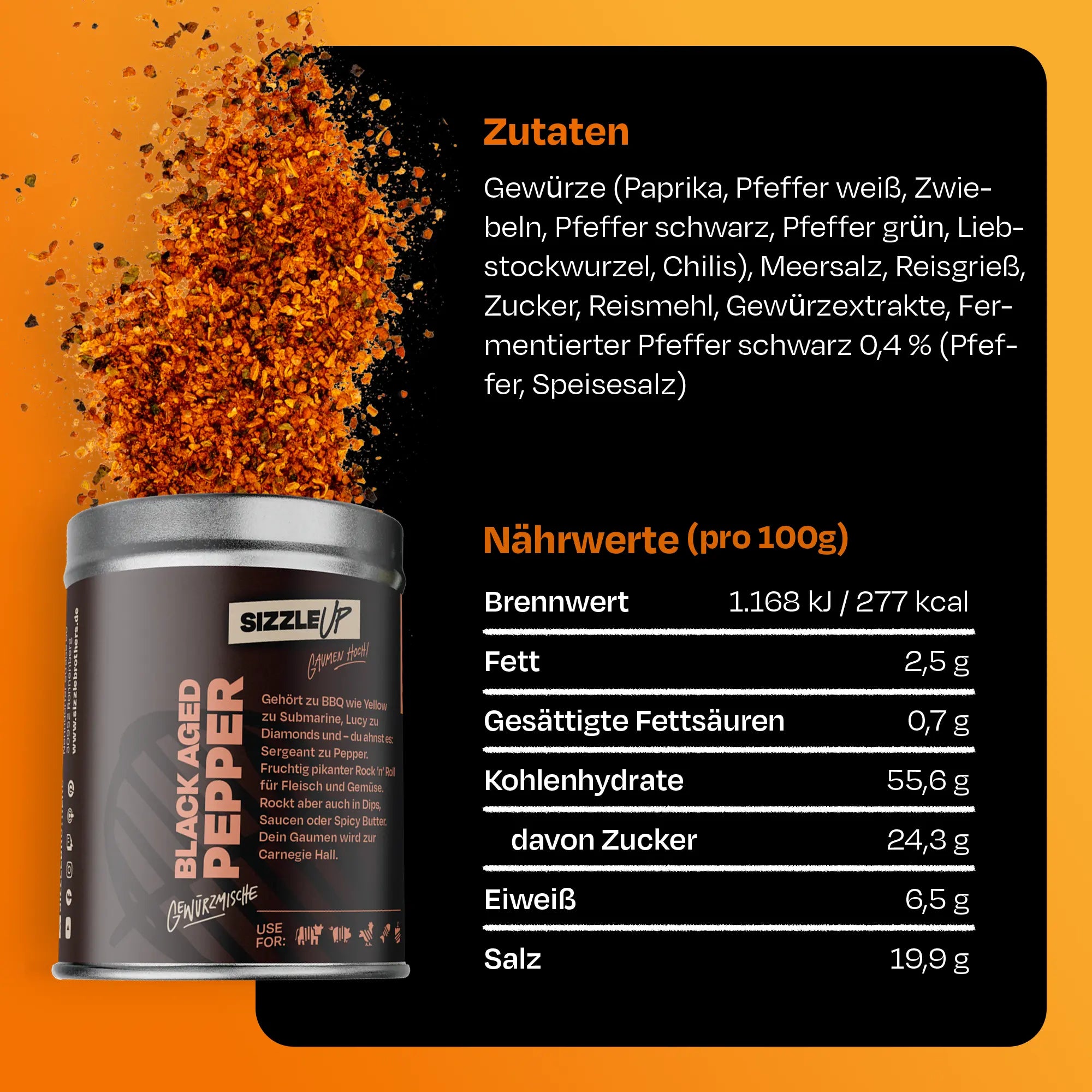 Text Zutaten und Nährwerte für Black Aged Pepper auf schwarzem Hintergrund.