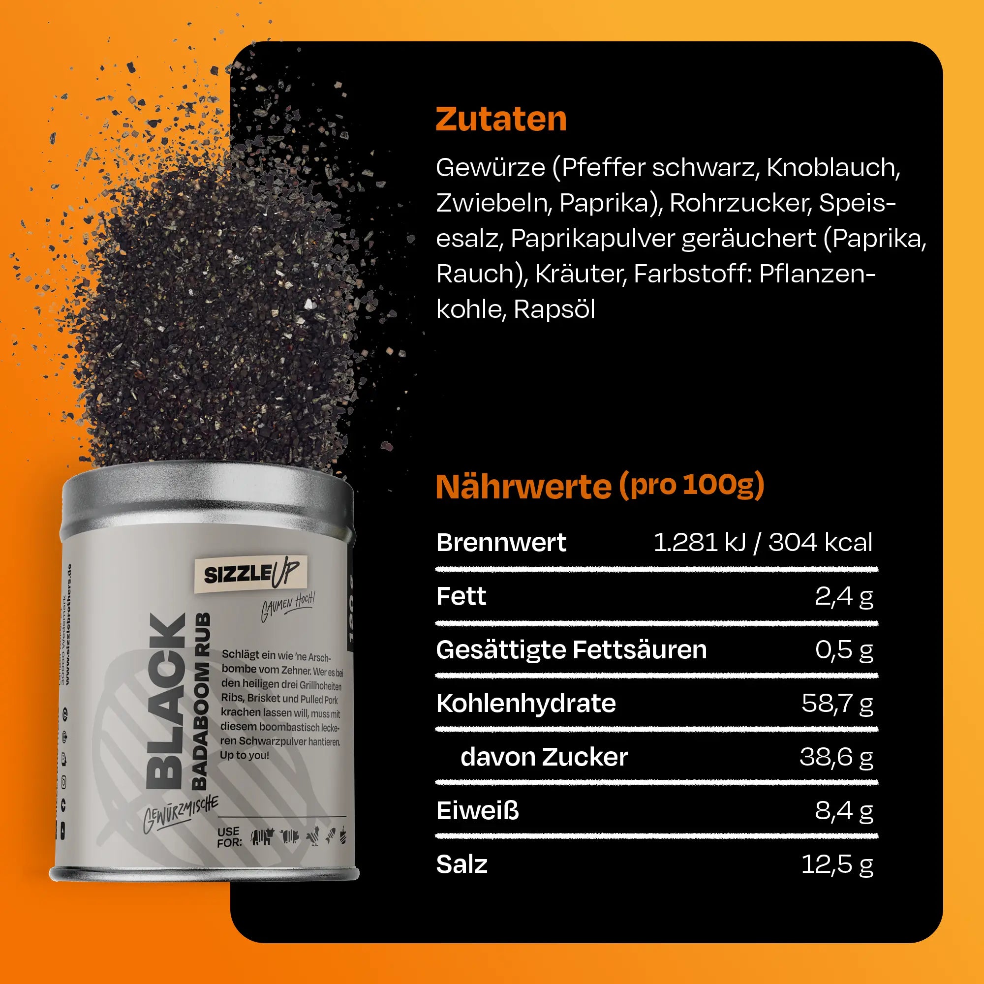 Black Badaboom Gewürzaufschüttung mit Zutaten- und Nährwertangaben auf schwarzem Hintergrund.