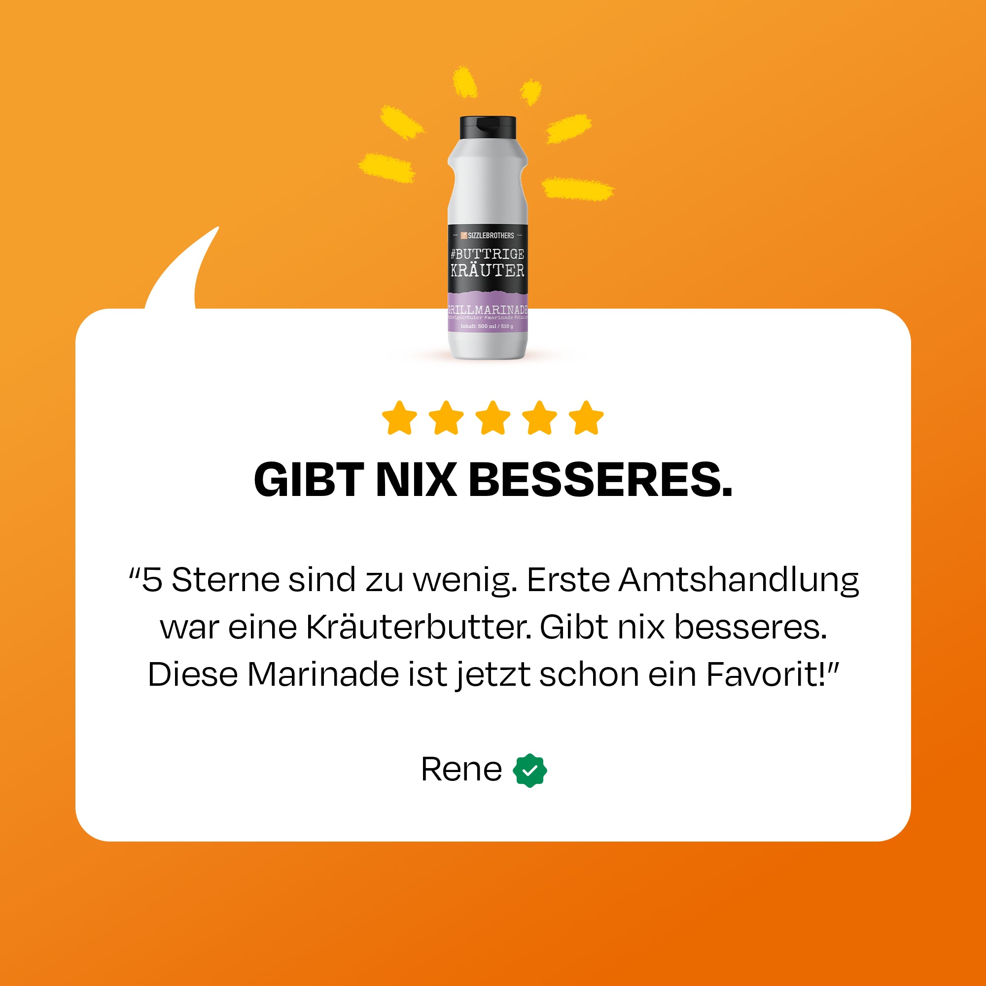 Flasche auf orangefarbenem Hintergrund mit 5-Sterne-Bewertung von Rene.