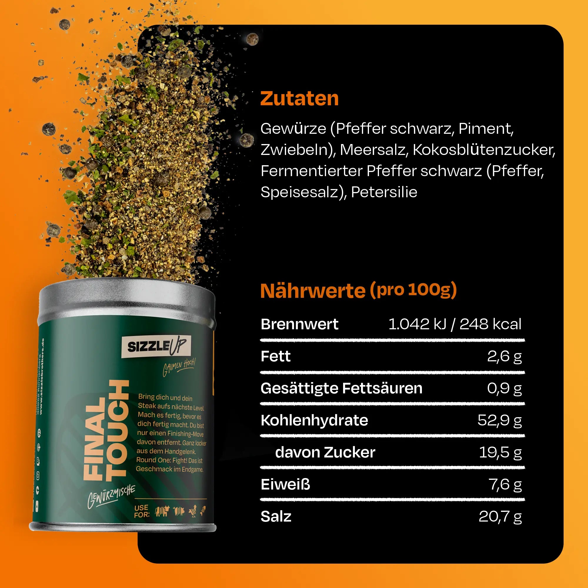 Gewürzdose mit Zutaten- und Nährwertangaben auf orange-schwarzem Hintergrund.
