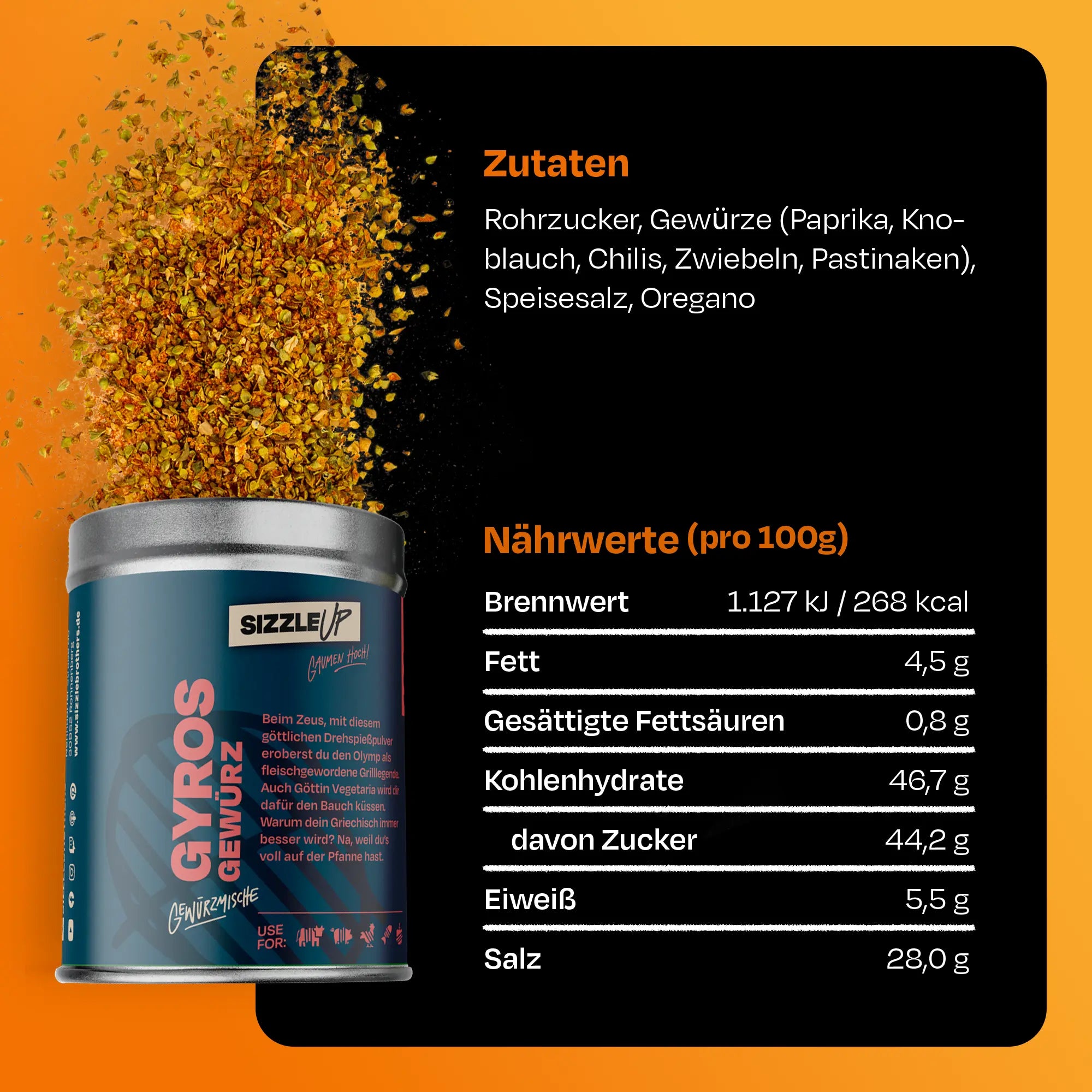 Dose Gyros-Gewürz und schwebendes Gewürz auf orangefarbenem Hintergrund. Zutaten und Nährwerte sind aufgeführt.