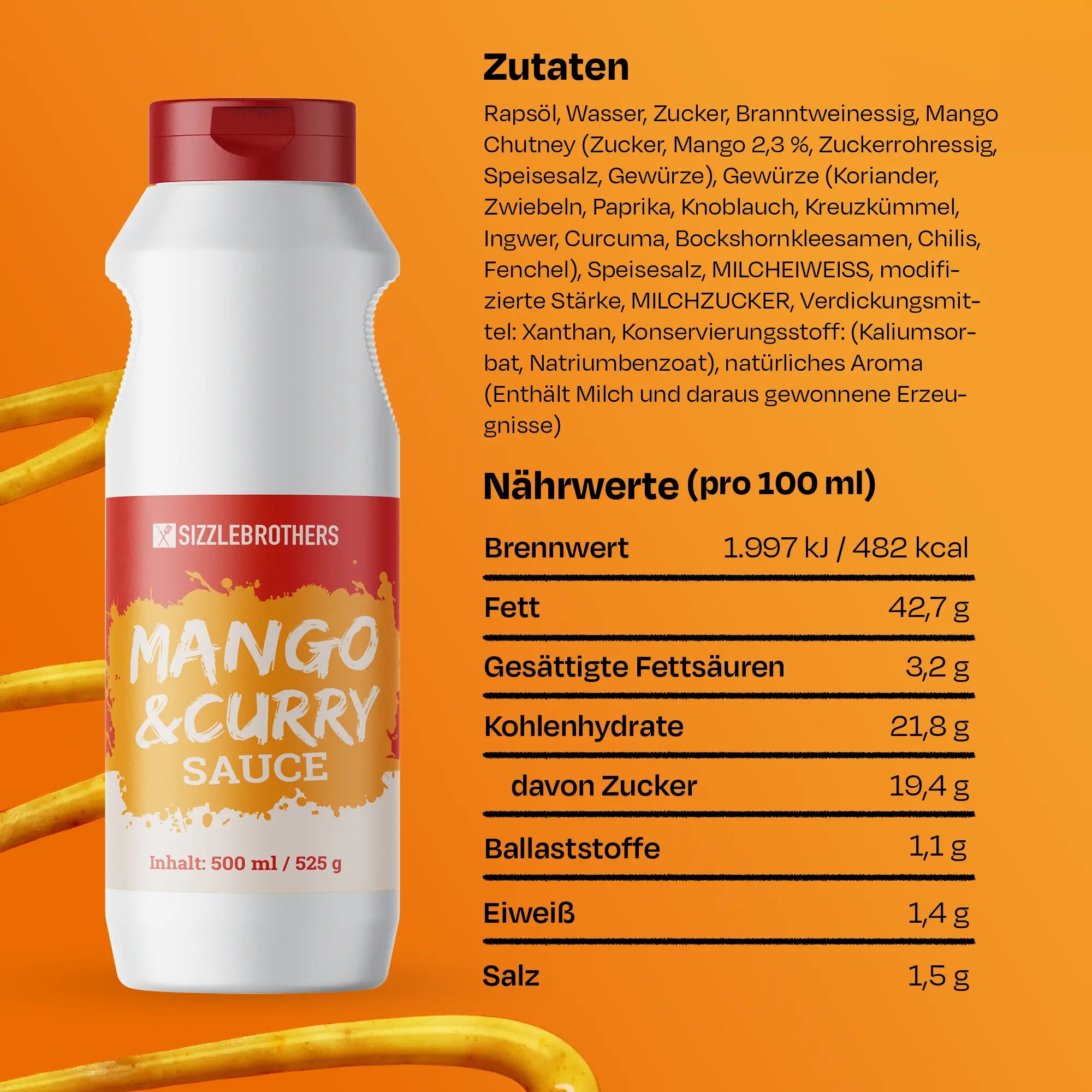 Zutaten und Nährwerte einer Mango & Curry Sauce Flasche auf orange. Text detailliert.