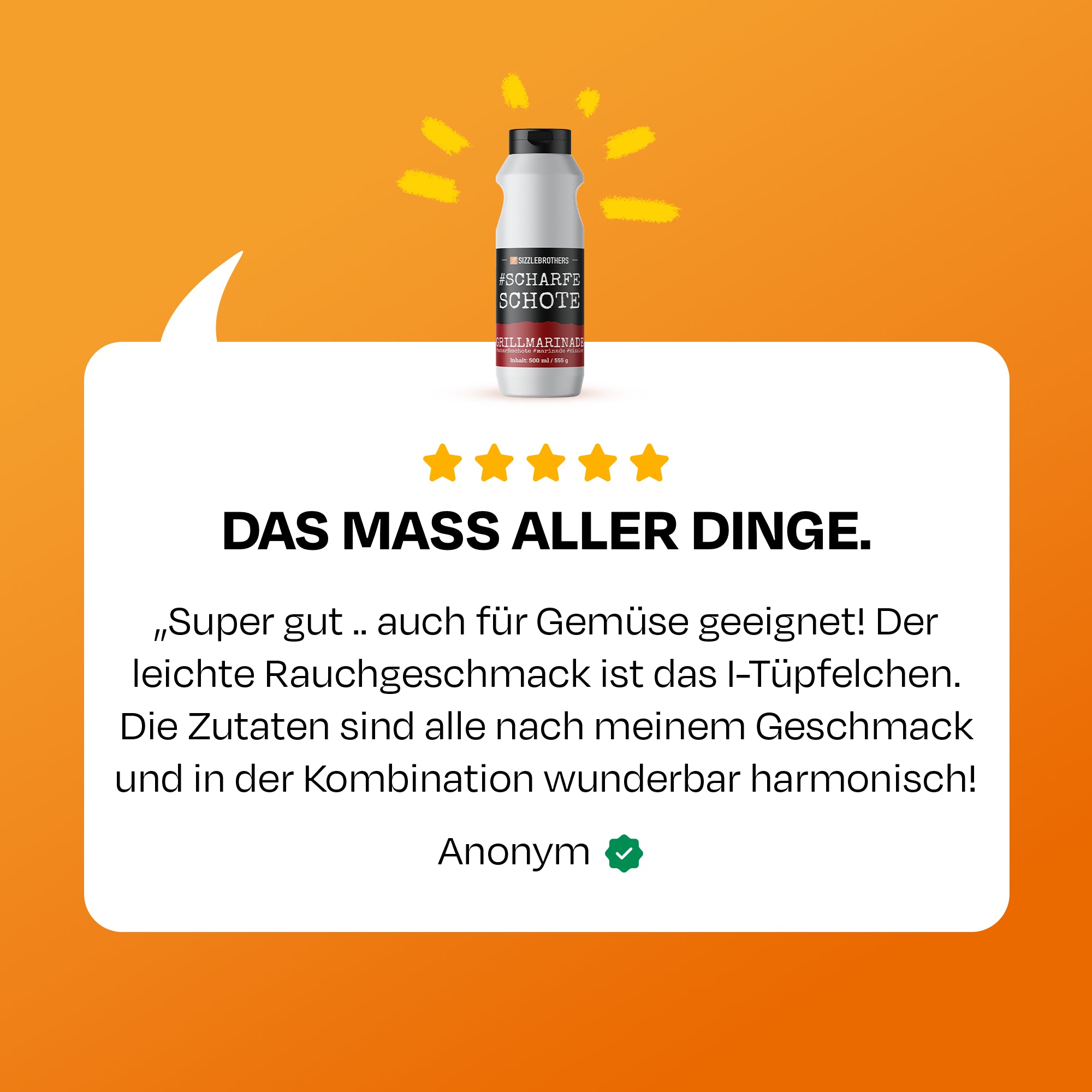 Text mit fünf Sternen: „Super gut ..auch für Gemüse geeignet!...“ Anonym.