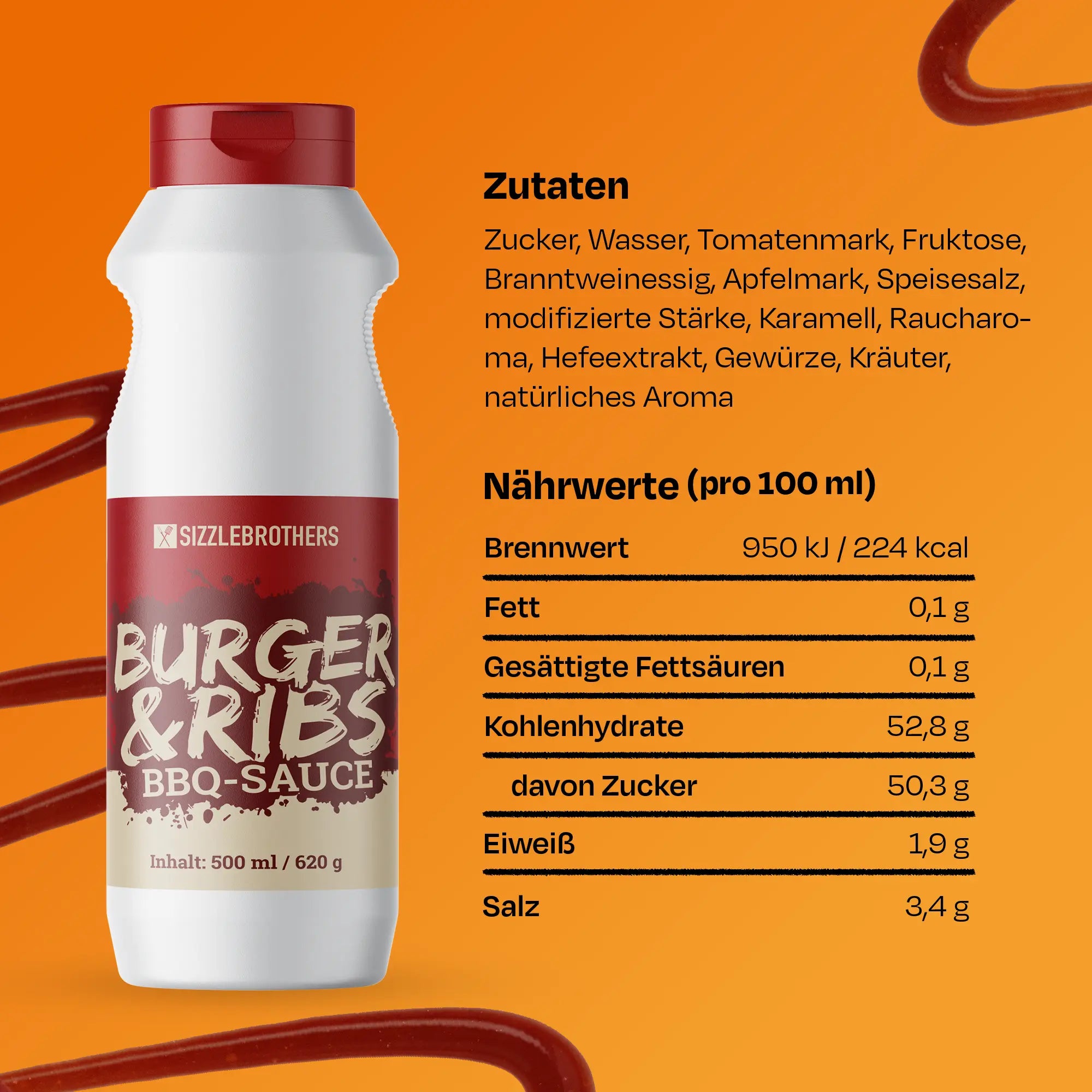 Verschiedene Sauce-Flaschen stehen vor orangefarbenem Hintergrund. Text: Höchste Qualität.