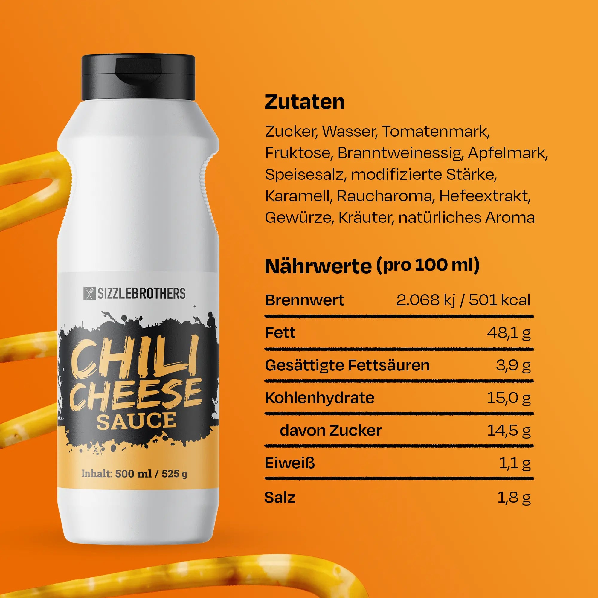 Flasche Chili Cheese Sauce mit Zutatenliste und Nährwertangaben auf orangefarbenem Hintergrund.