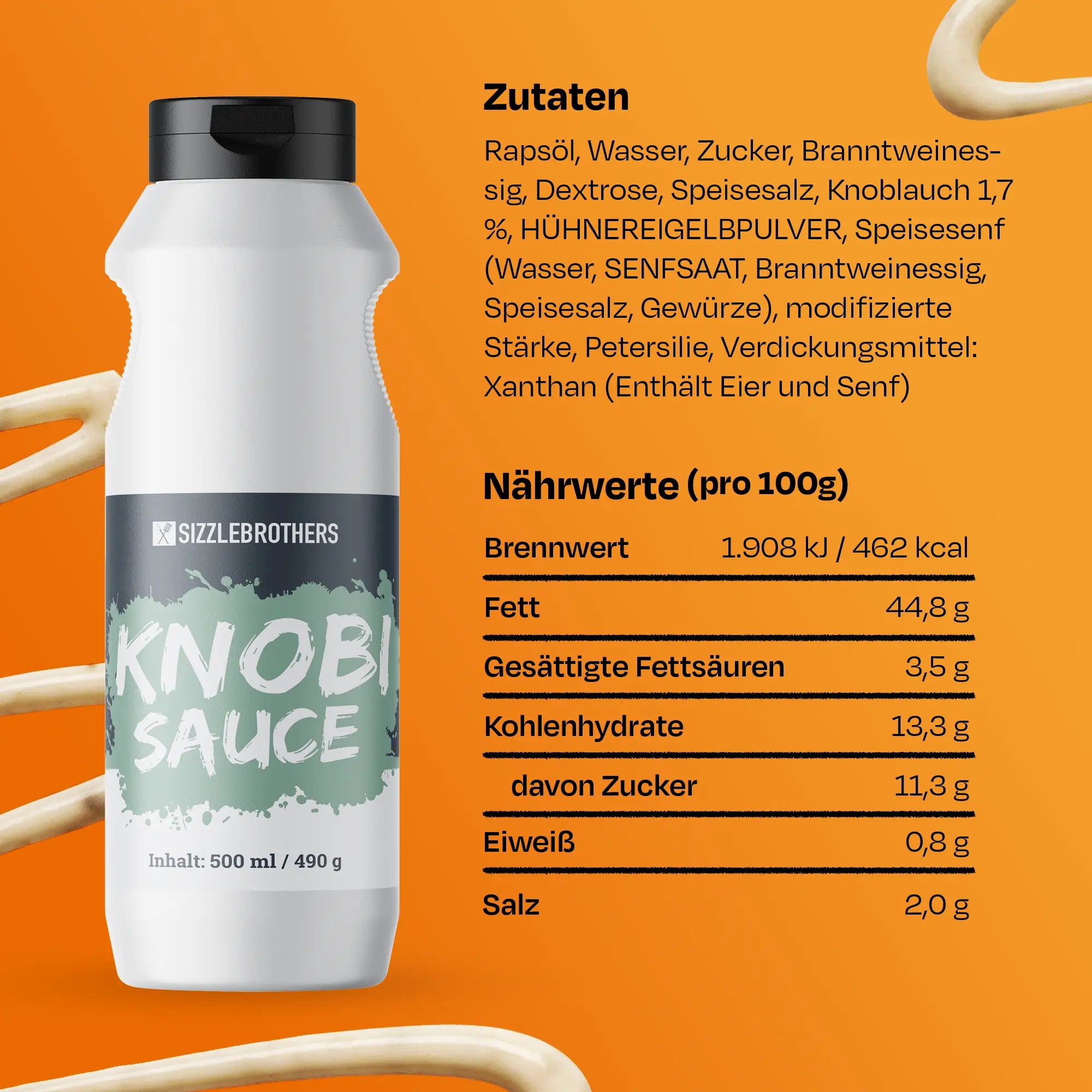 Knobi Sauce mit Zutaten und Nährwerten auf orange Hintergrund.