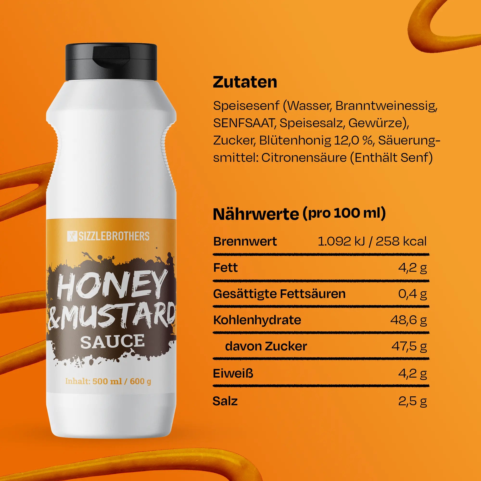 Honig-Senf-Sauce mit Zutaten und Nährwerten auf orange Hintergrund.