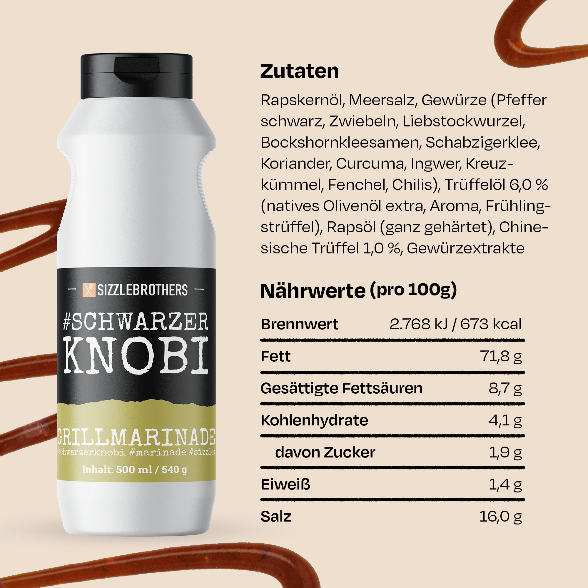 Flasche Grillmarinade mit Zutatenliste, darunter Rapskernöl und Gewürze.