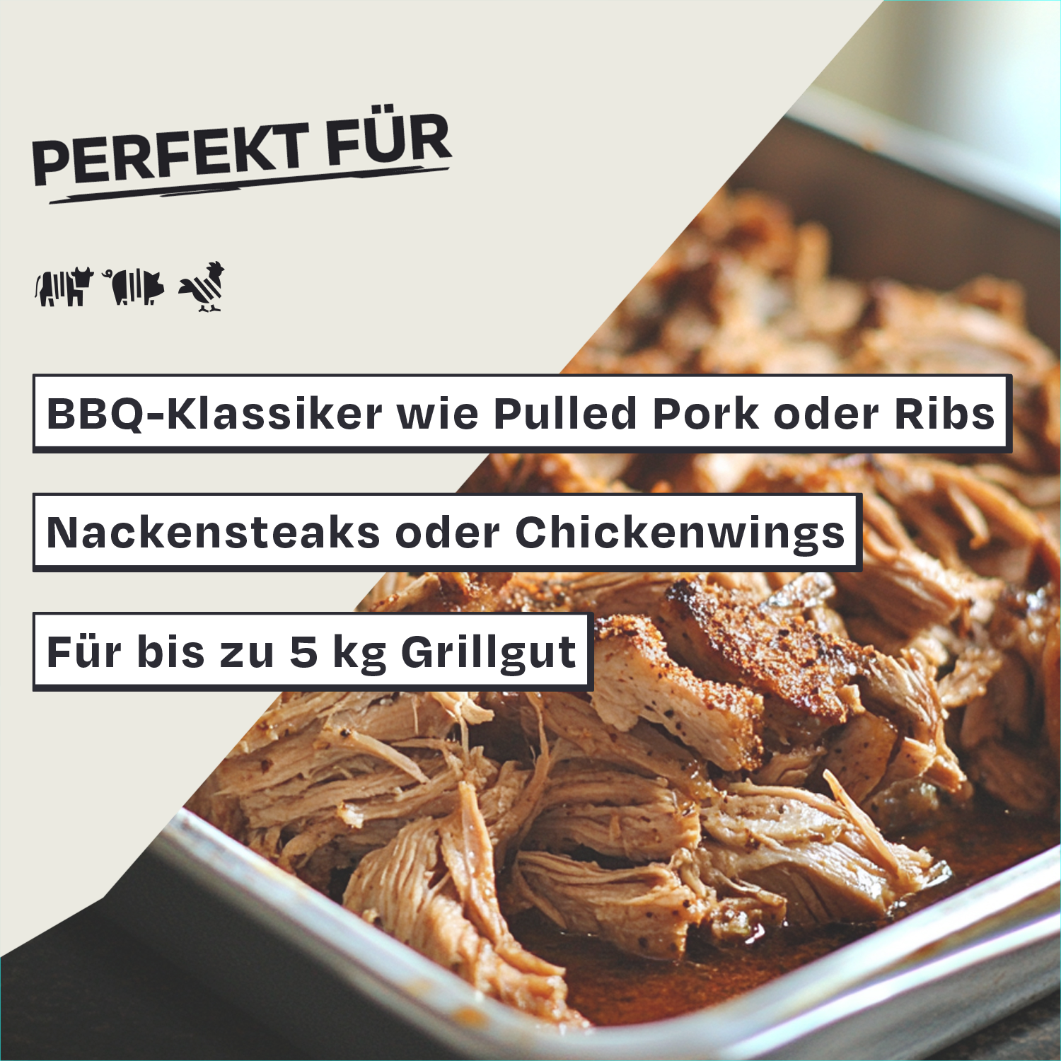 Pulled Pork in einer Schale, Text weist auf BBQ-Klassiker und geeignetes Grillgut hin.