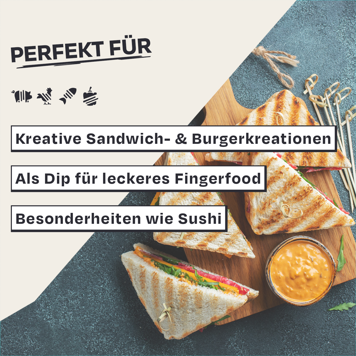 Sandwiches auf Teller mit Dip, Text: Perfekt für kreative Sandwichkreationen.