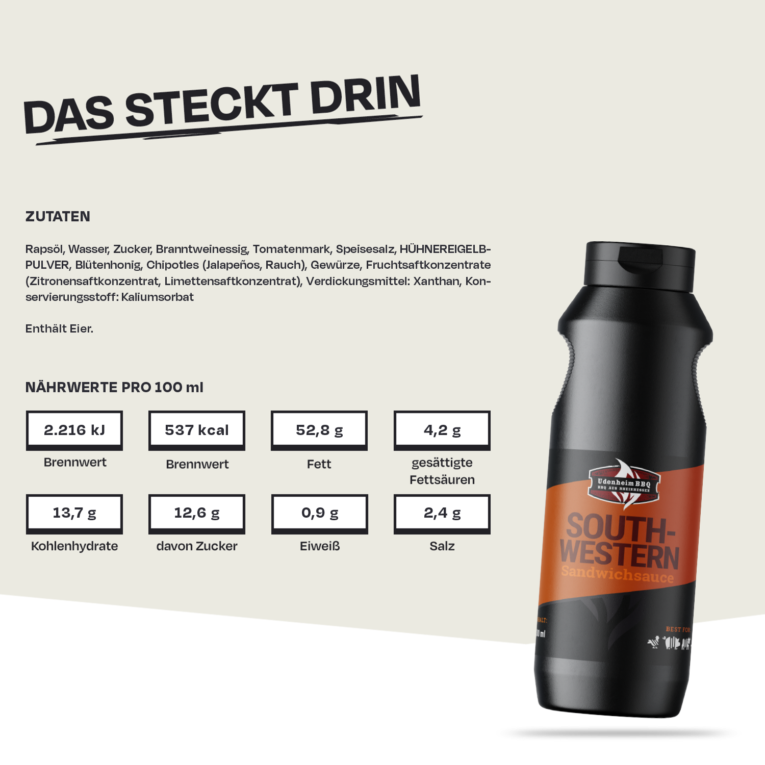 Flasche South-Western Sauce, Nährwerte und Zutaten auf beigem Hintergrund.