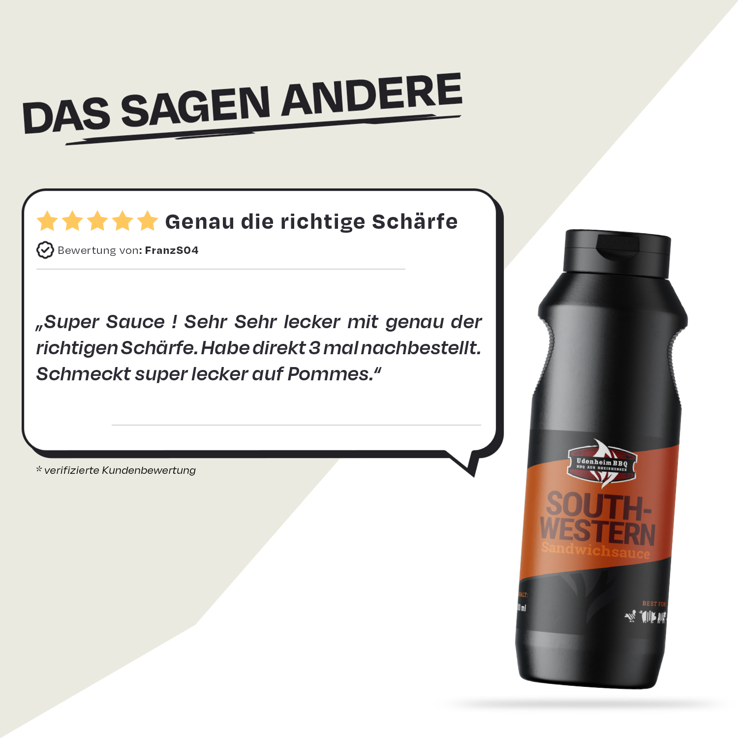 South-Western Sauce neben einer Kundenbewertung mit 5 Sternen: 'Genau die richtige Schärfe'.