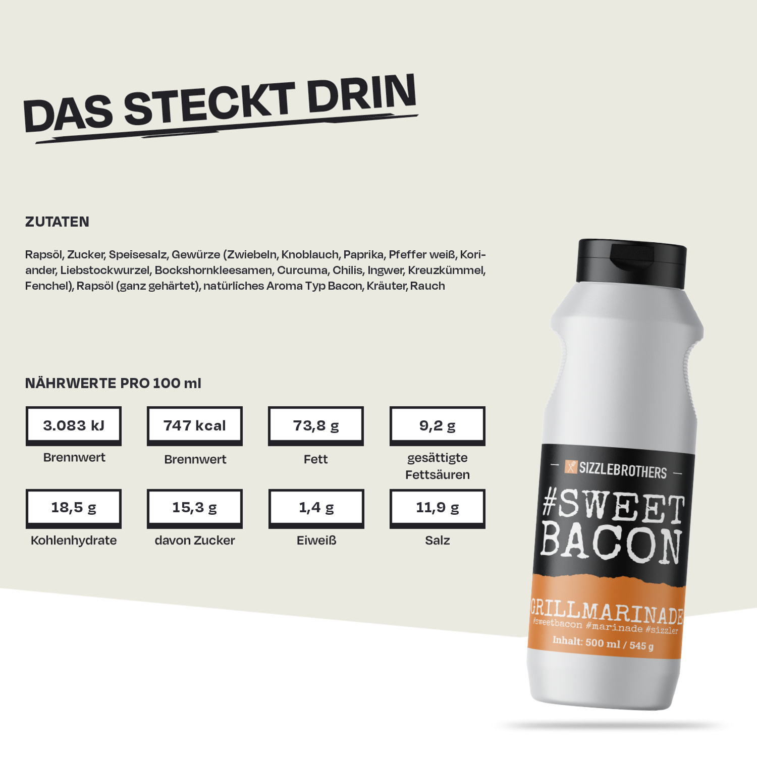 Flasche Grillmarinade vor Nährwerttabelle, Text: Das steckt drin, Zutatenliste.
