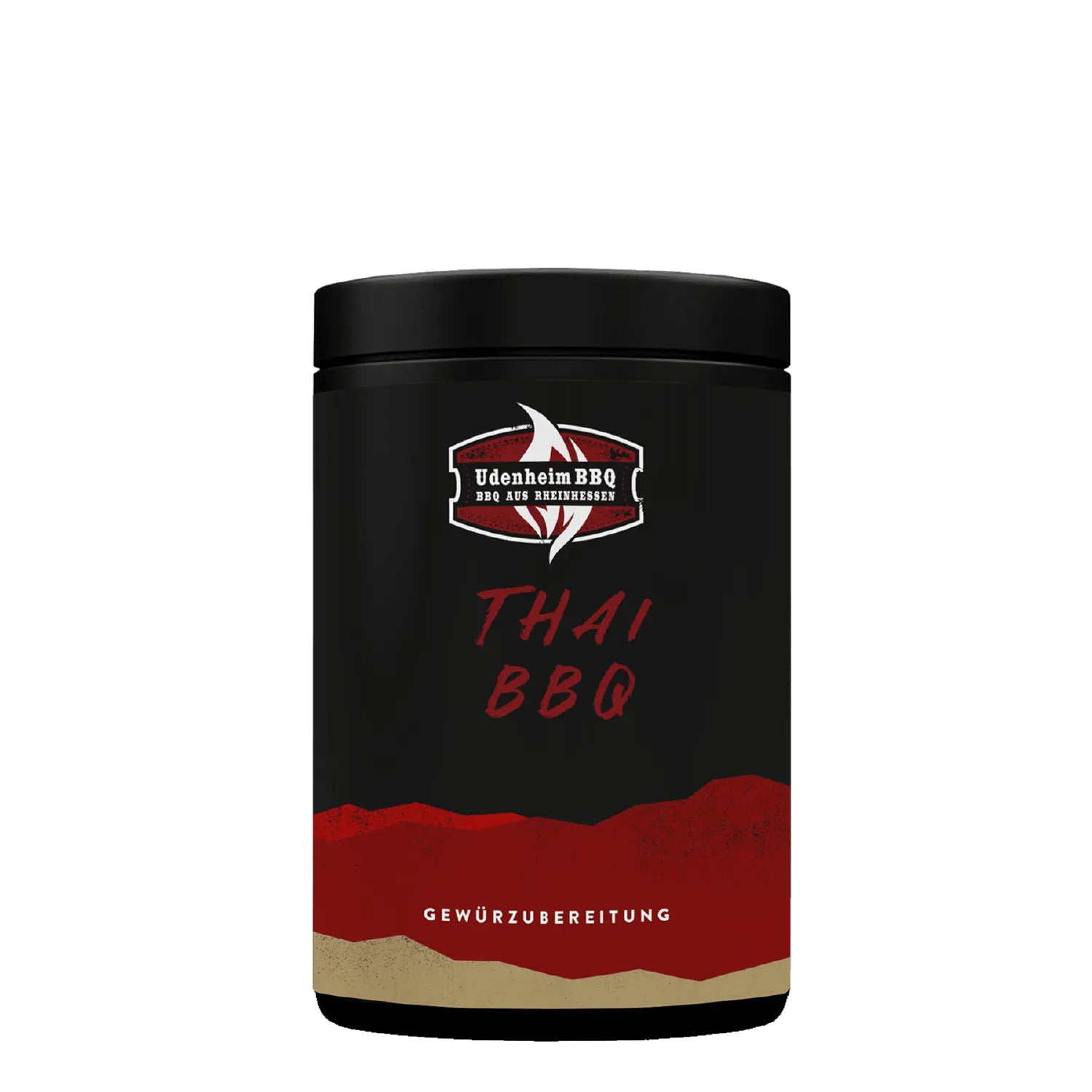 Schwarze Gewürzdose mit rotem Boden, beschriftet mit "THAI BBQ".