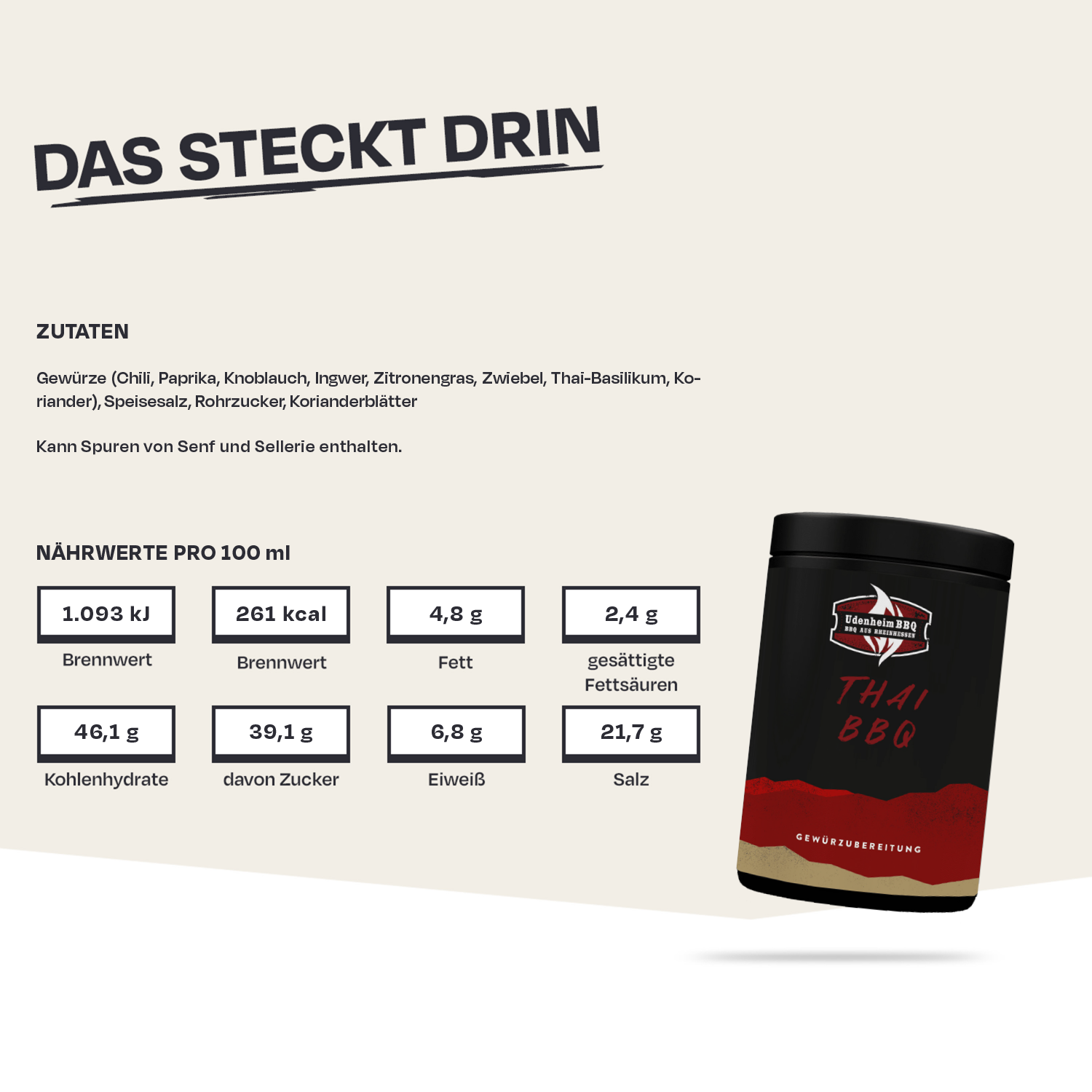 Thai BBQ Gewürzmischung mit Zutatenliste und Nährwertangaben.