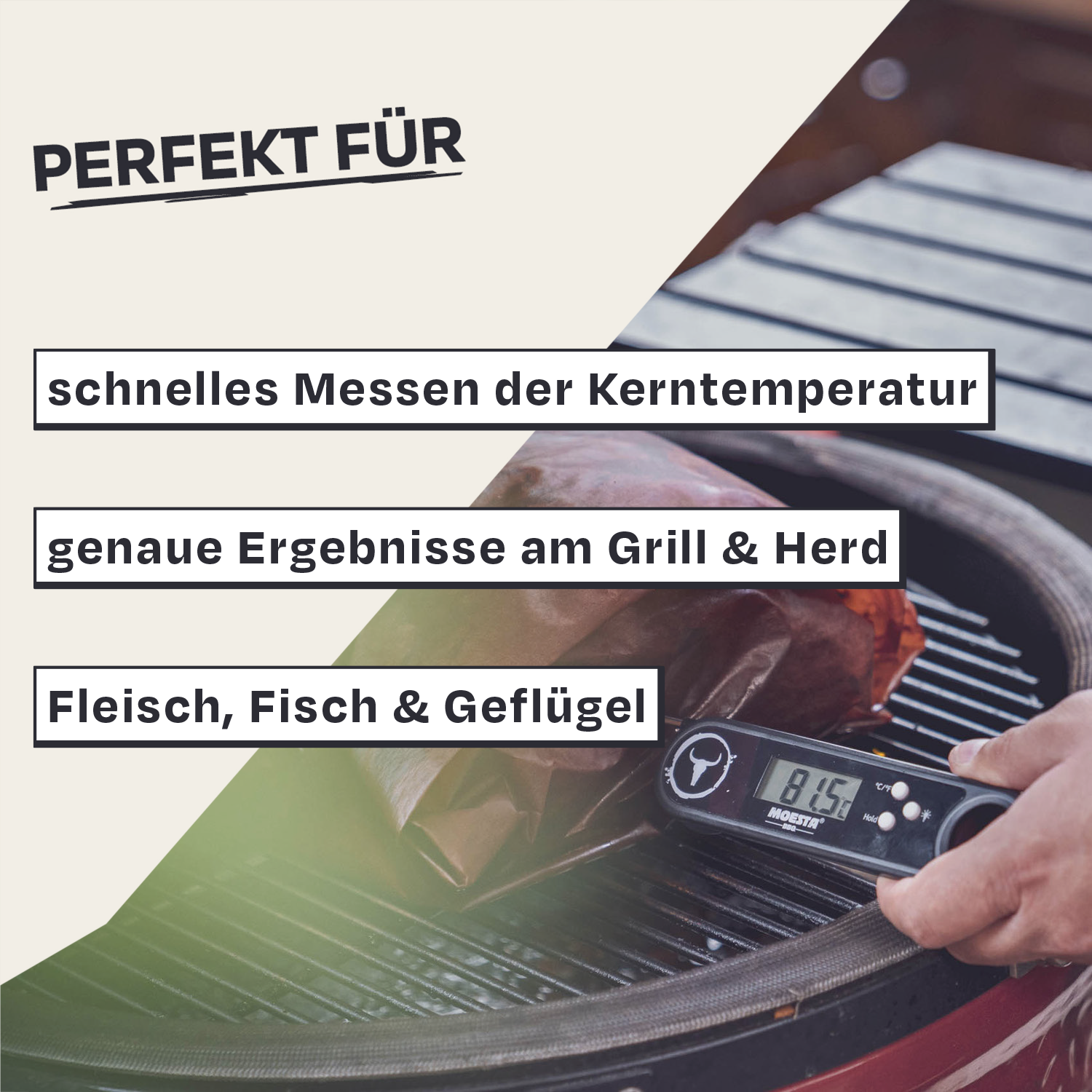 Person misst mit einem Thermometer die Kerntemperatur eines verpackten Fleischstücks.