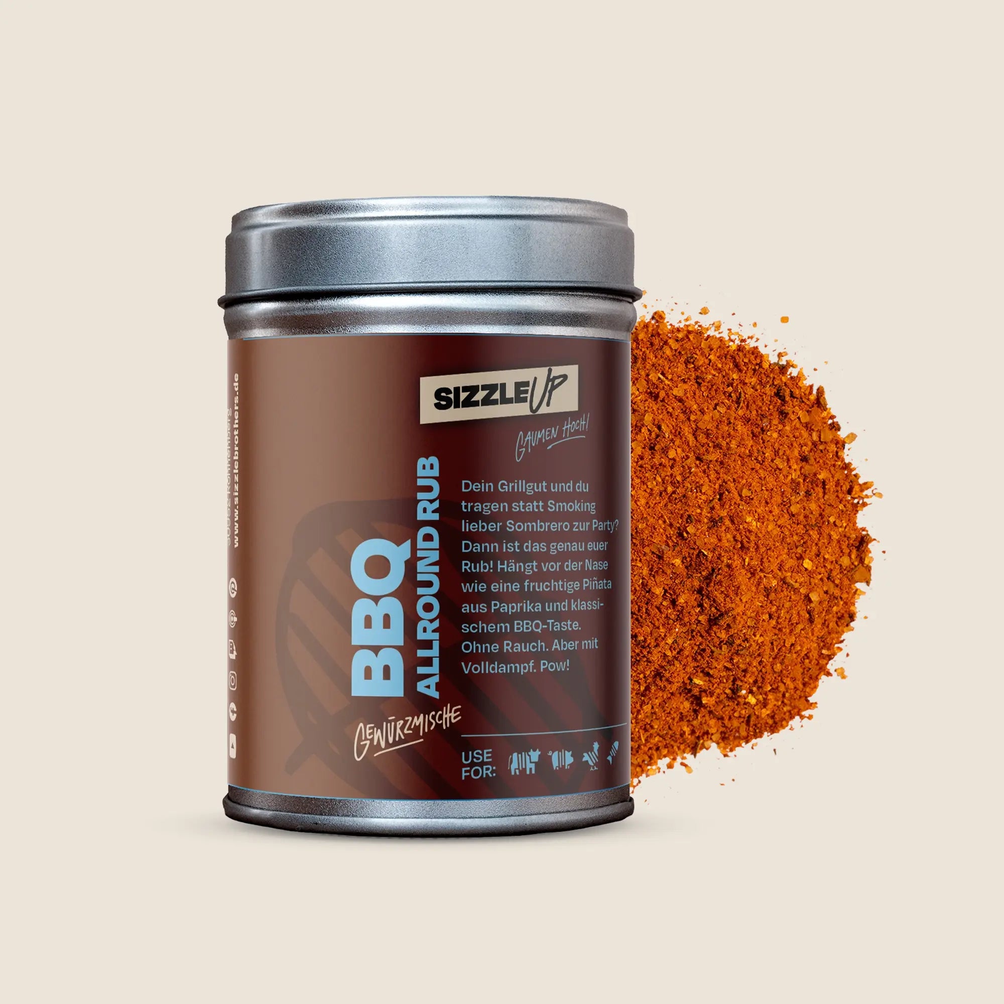 Dose BBQ Allround Rub mit Gewürzmischung daneben auf beigem Hintergrund.