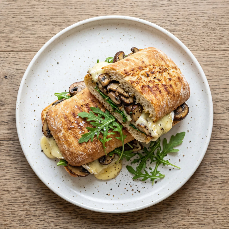 Zweigeteiltes Panini mit gebratenen Trüffel-Champignons, geschmolzenem Camembert und Rucola auf weißem Teller